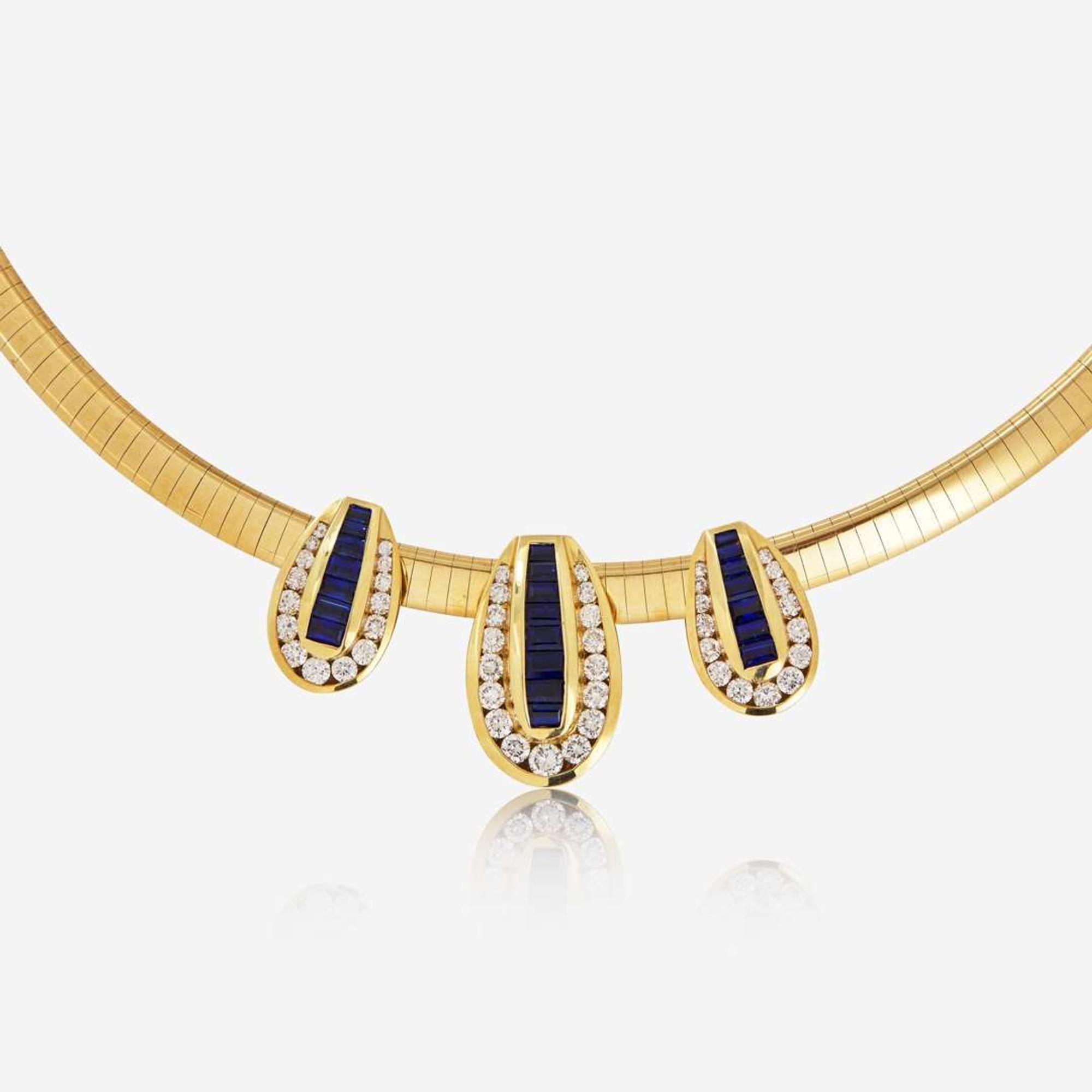 A 14K Yellow Gold, Diamond, and Sapphire Omega Slider Necklace