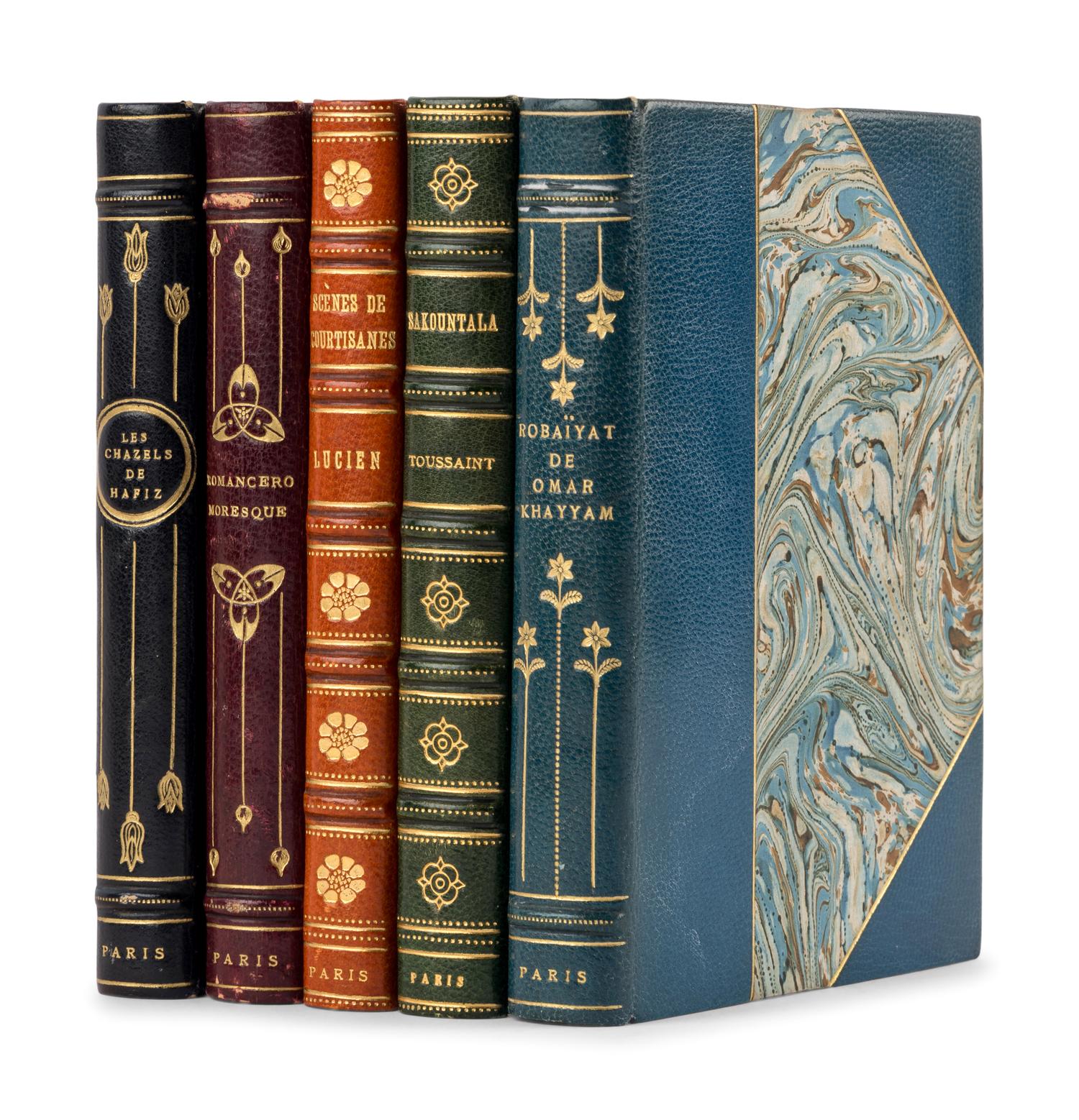 [BINDINGS]. DEVILLERS, Charles. Les Ghazels de Hafiz . -- ARNOUX, Alexandre, translator. Romancero Moresque . -- KALIDASA. Sakountala . -- KHAYYAM, Omar. Robaiyat . -- LUCIEN of Samosata. Scènes de Courtisanes . Paris: L'Édition d'Art H. Piazza, [1922], [1921], [1922], [1925], [1930].