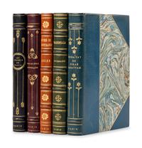 [BINDINGS]. DEVILLERS, Charles. Les Ghazels de Hafiz . -- ARNOUX, Alexandre, translator. Romancero Moresque . -- KALIDASA. Sakountala . -- KHAYYAM, Omar. Robaiyat . -- LUCIEN of Samosata. Scènes de Courtisanes . Paris: L'Édition d'Art H. Piazza, [1922], [1921], [1922], [1925], [1930].