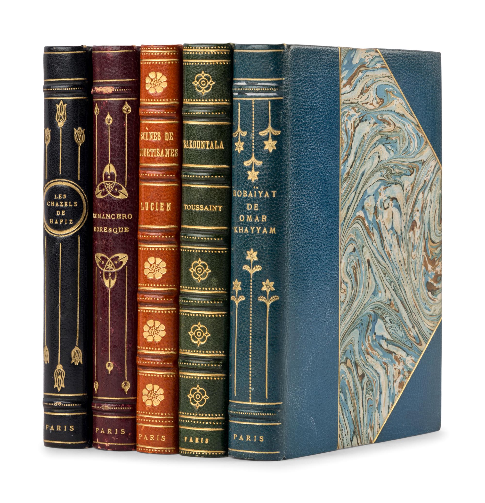 [BINDINGS]. DEVILLERS, Charles. Les Ghazels de Hafiz . -- ARNOUX, Alexandre, translator. Romancero Moresque . -- KALIDASA. Sakountala . -- KHAYYAM, Omar. Robaiyat . -- LUCIEN of Samosata. Scènes de Courtisanes . Paris: L'Édition d'Art H. Piazza, [1922], [1921], [1922], [1925], [1930].