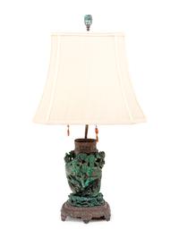 A Chinese Carved Malachite Vase and Cover Mounted as a Lamp