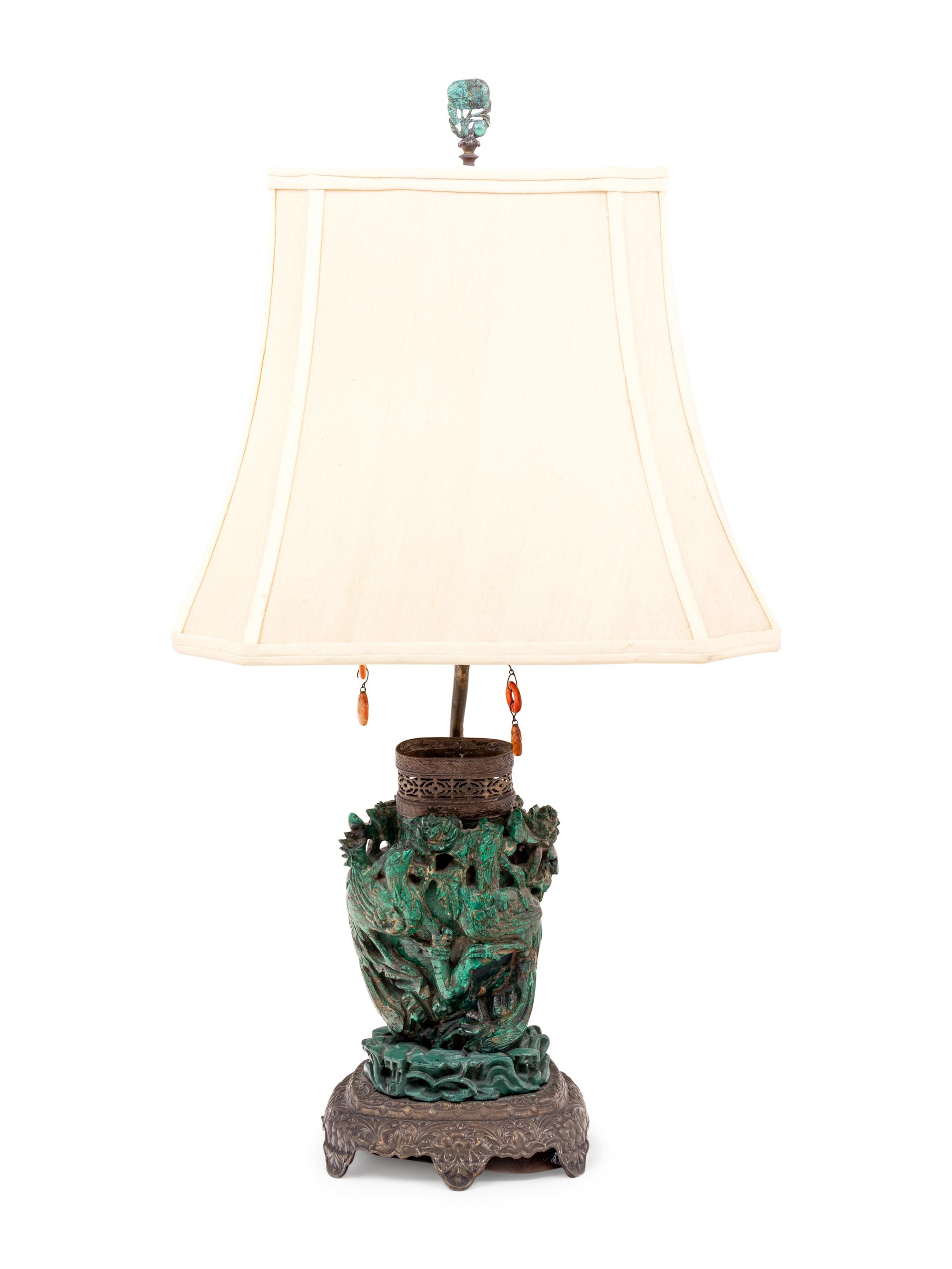 A Chinese Carved Malachite Vase and Cover Mounted as a Lamp