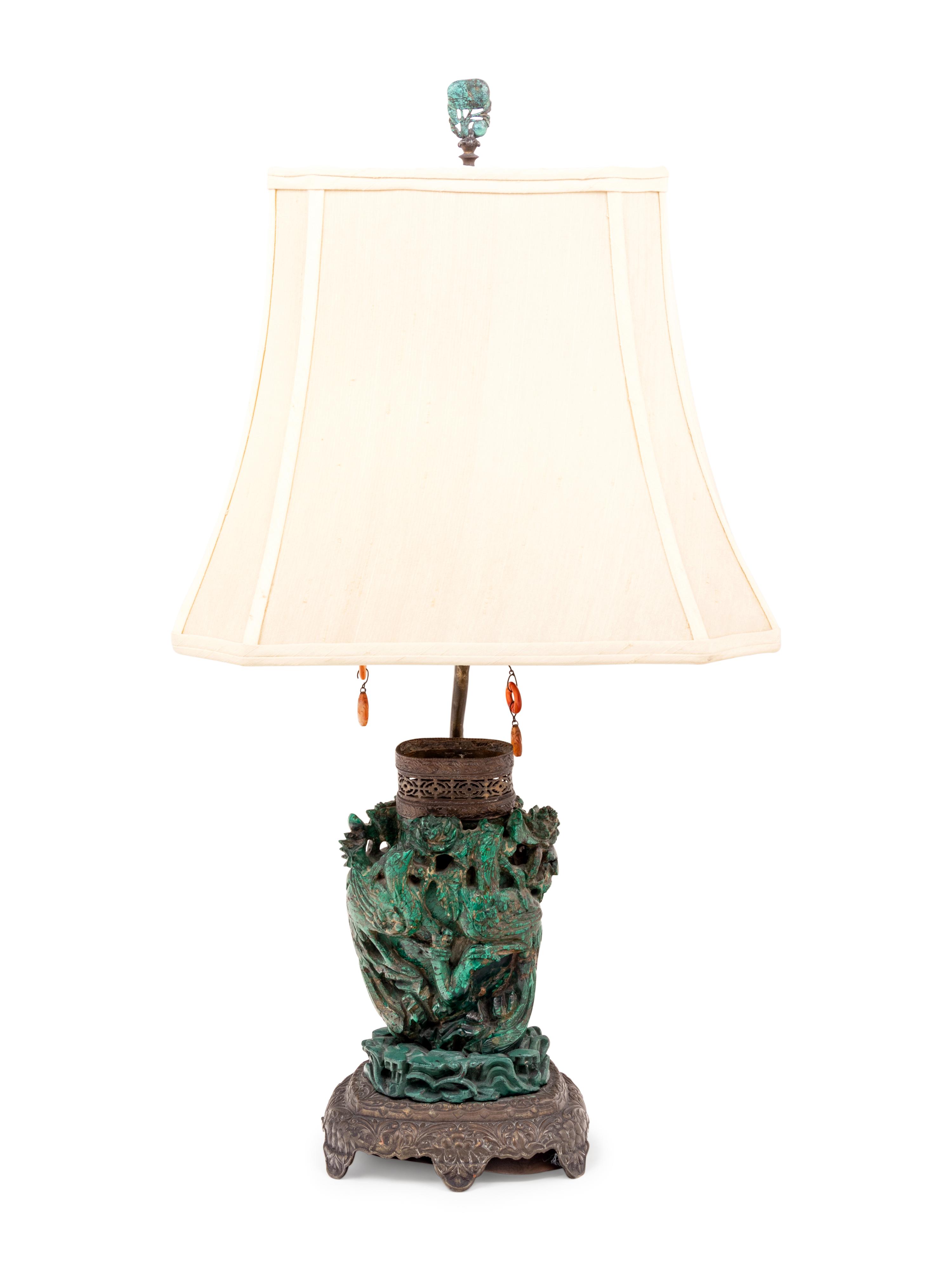 A Chinese Carved Malachite Vase and Cover Mounted as a Lamp