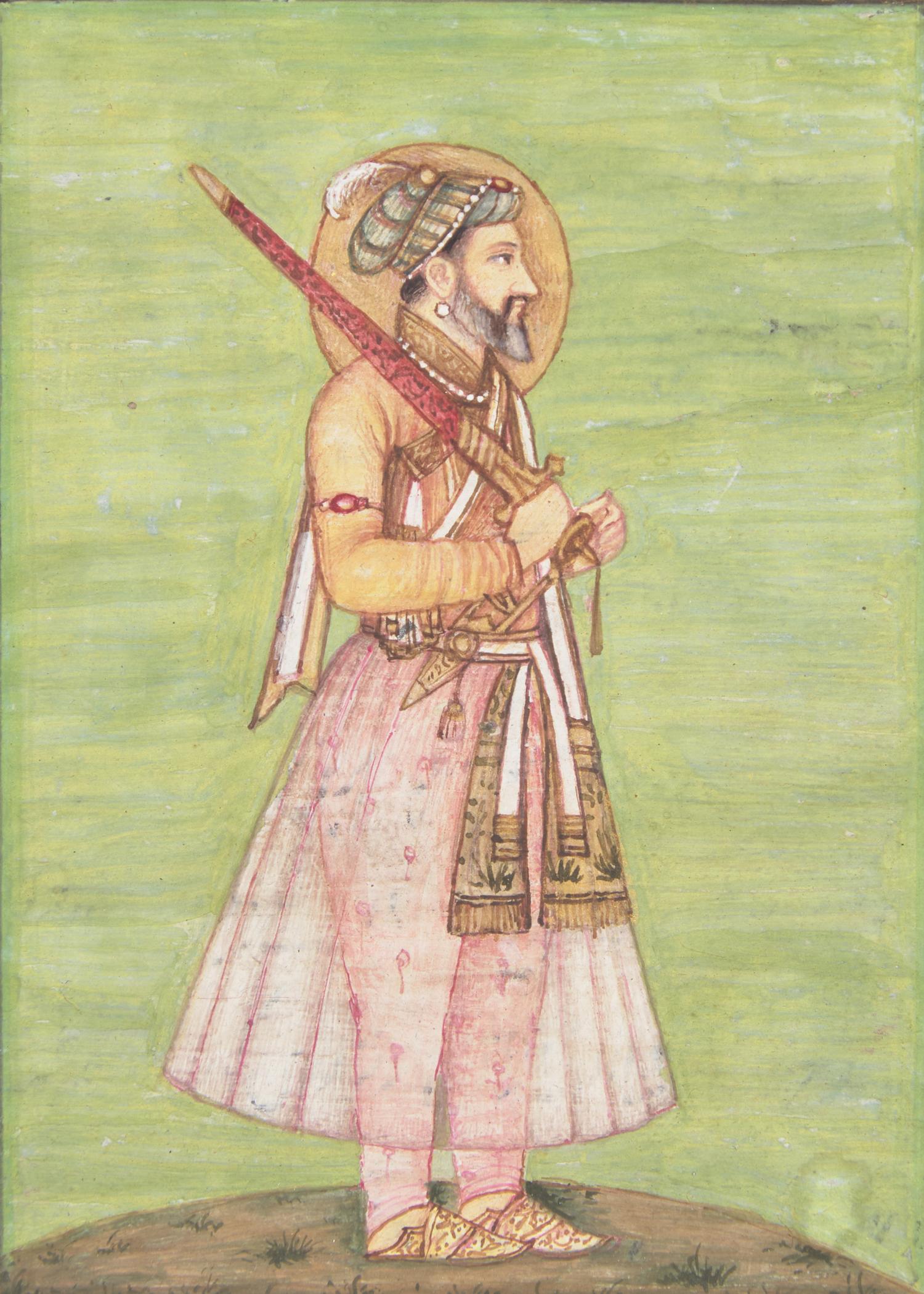 A Folio Portrait of a Standing Mughal Prince with Raised Sword, North India, 20th Century