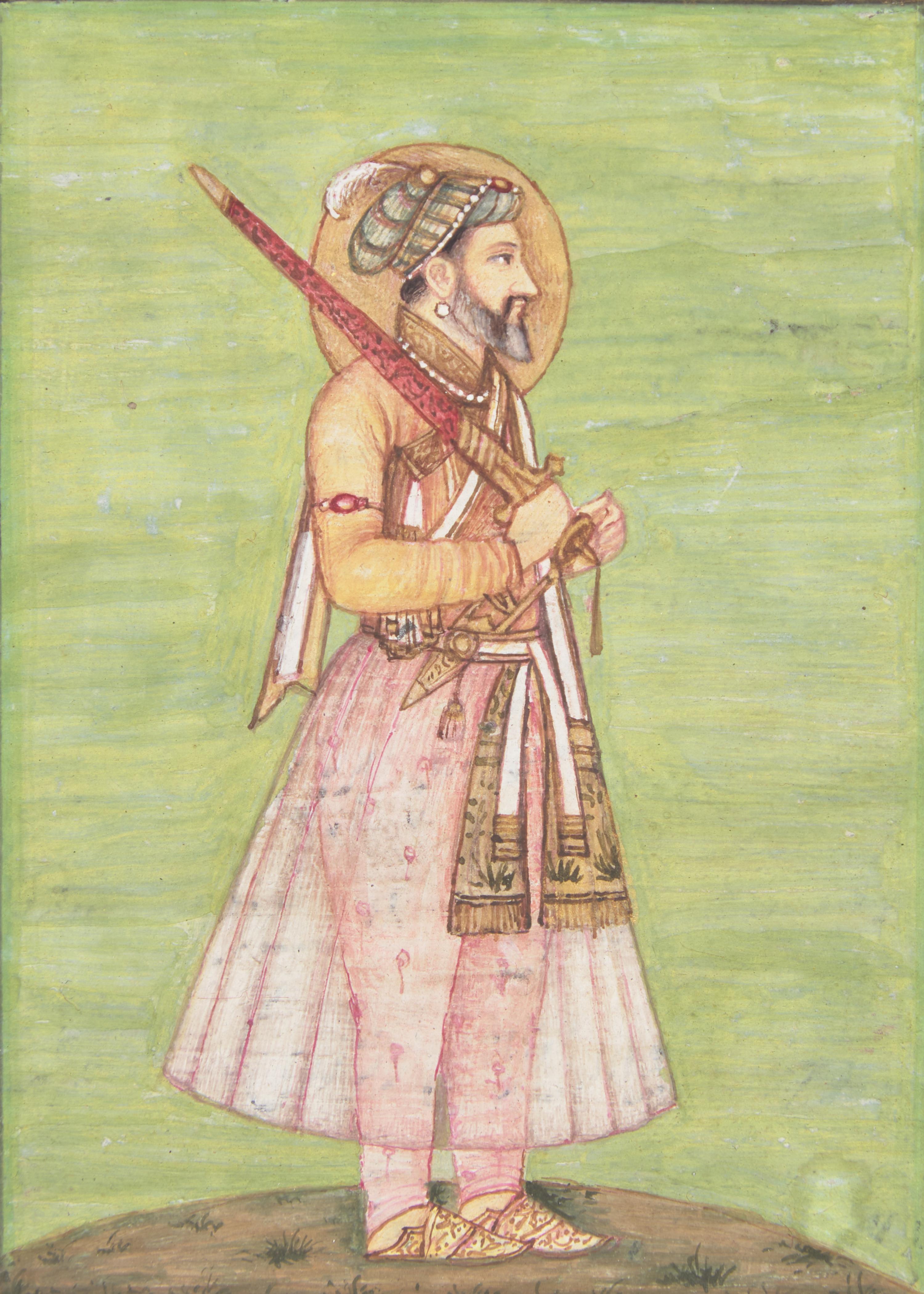 A Folio Portrait of a Standing Mughal Prince with Raised Sword, North India, 20th Century