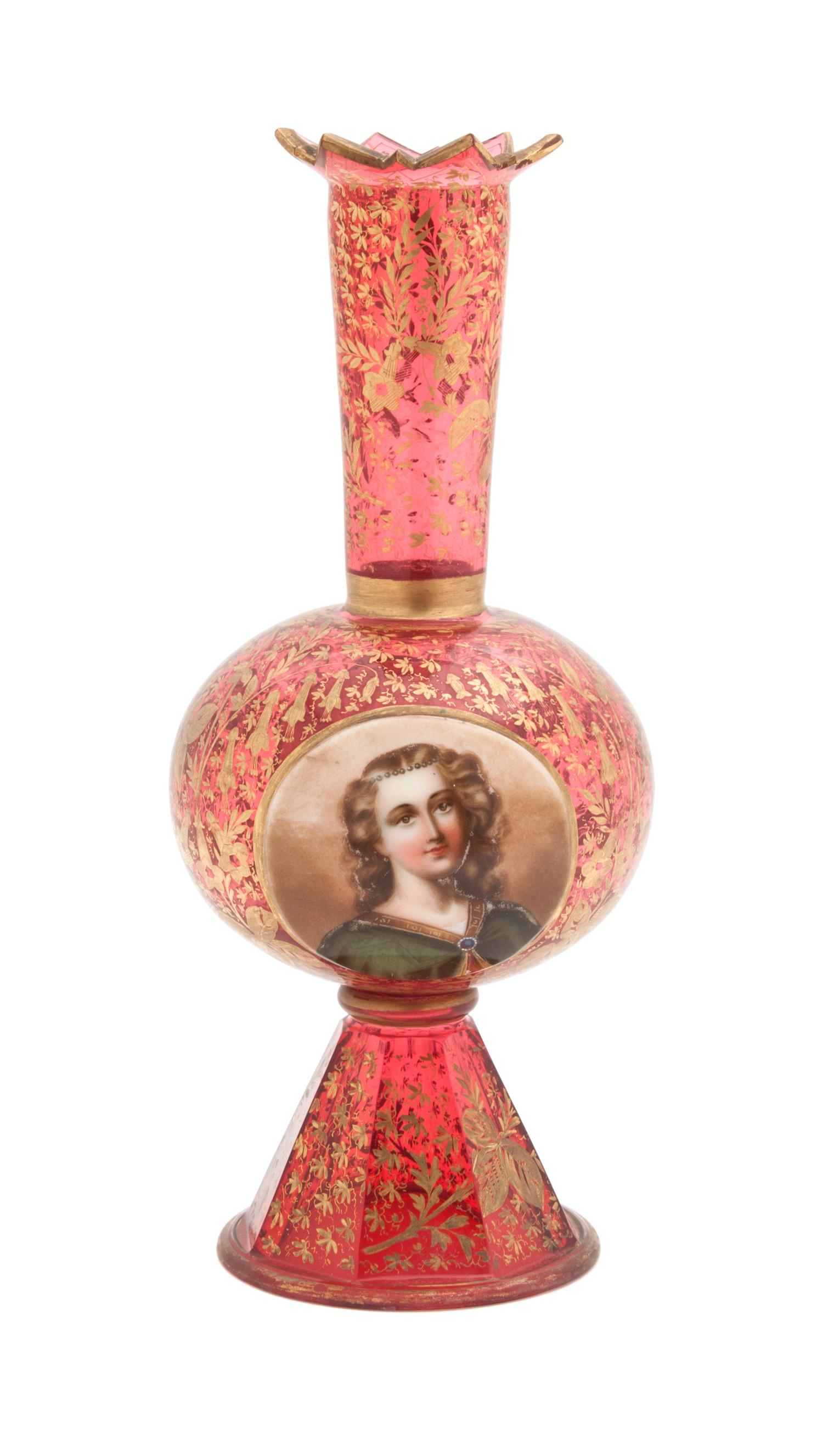 A Hand Painted Bohemian Ruby Glass Vase Height 11 1/2 inches.