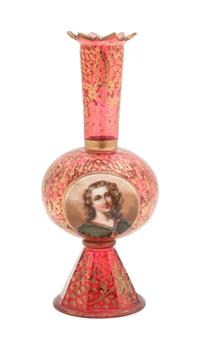 A Hand Painted Bohemian Ruby Glass Vase Height 11 1/2 inches.