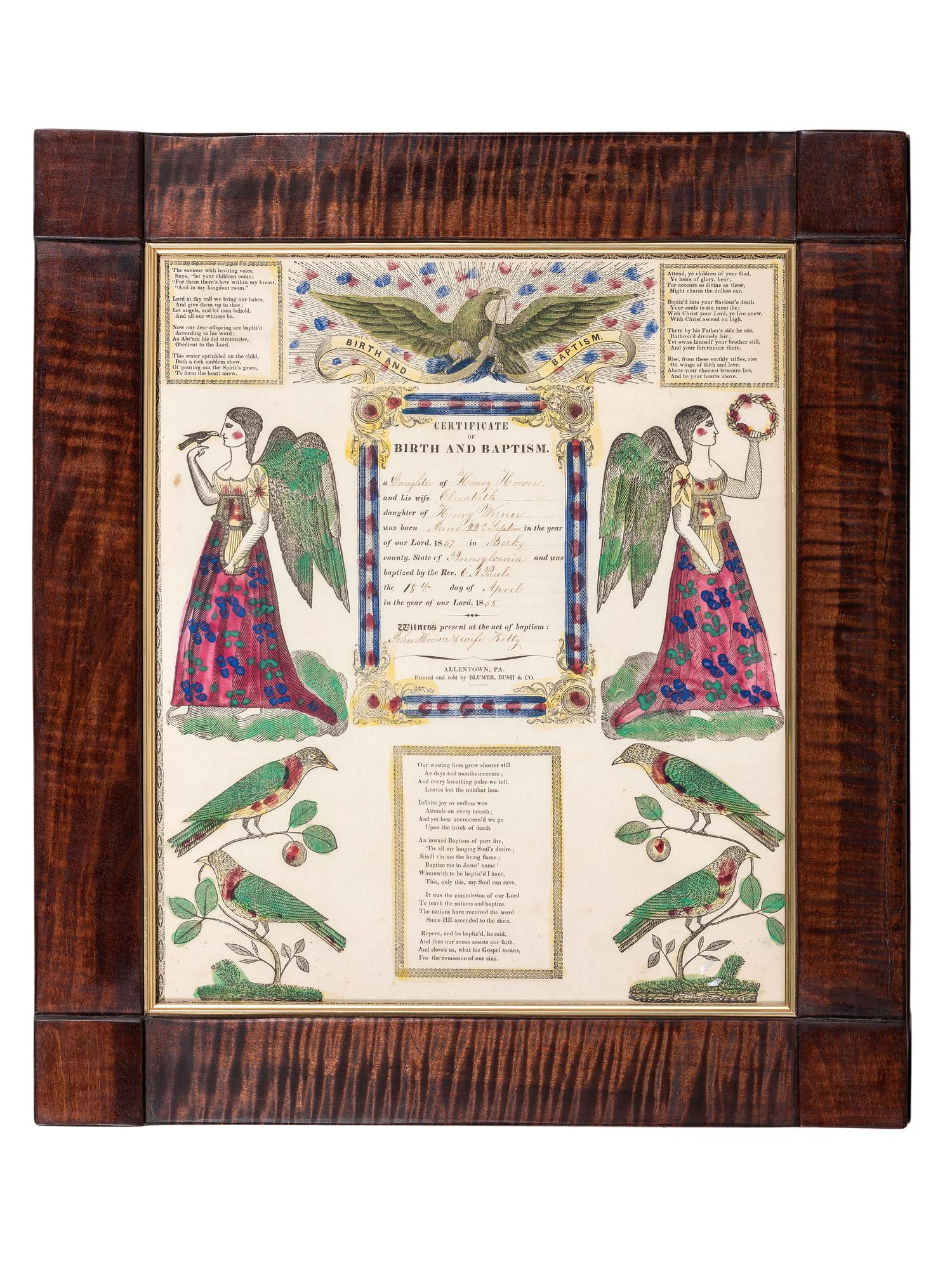 A Birth and Baptism Partially Printed and Watercolor Decorated Fraktur
