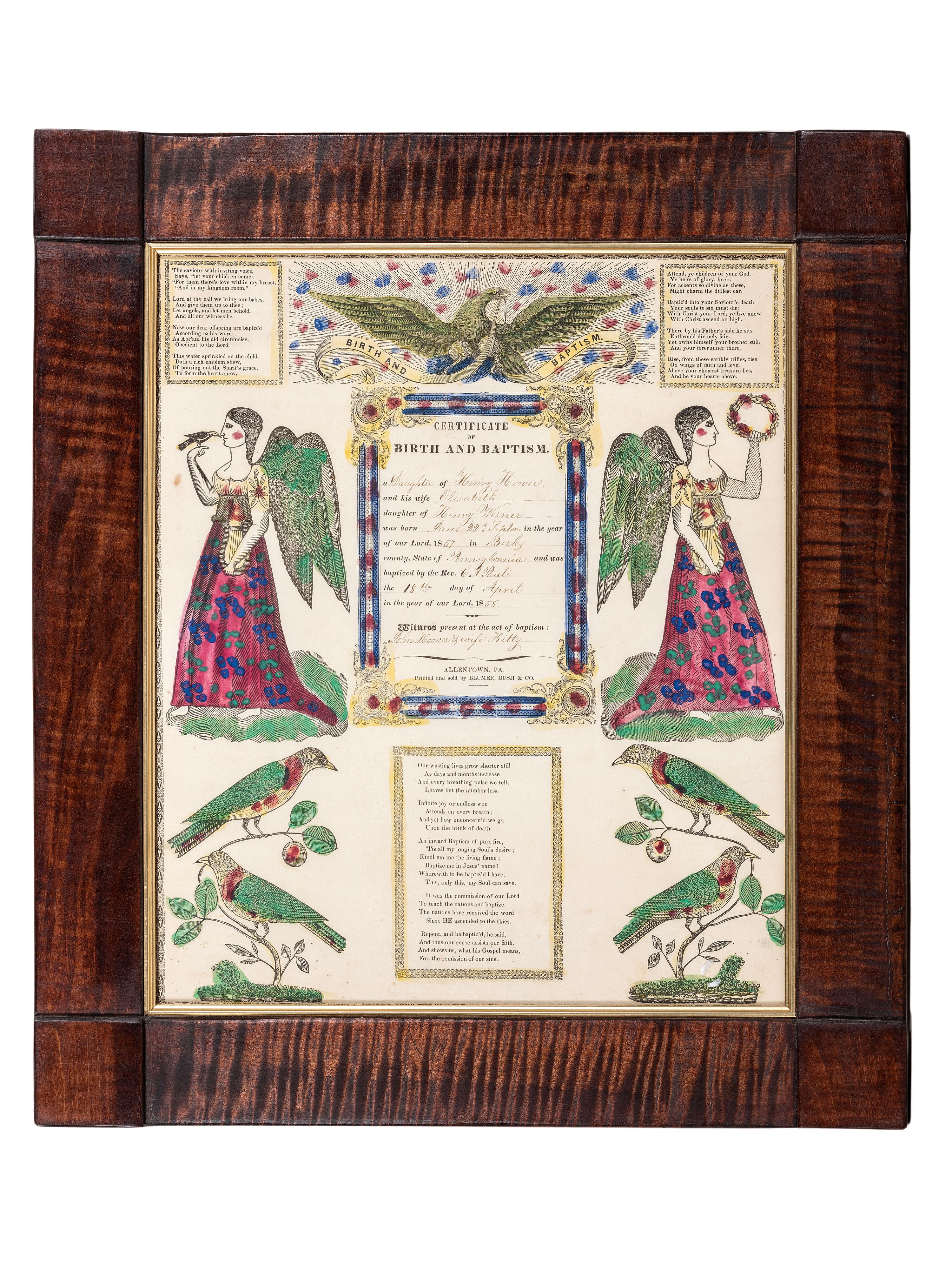 A Birth and Baptism Partially Printed and Watercolor Decorated Fraktur