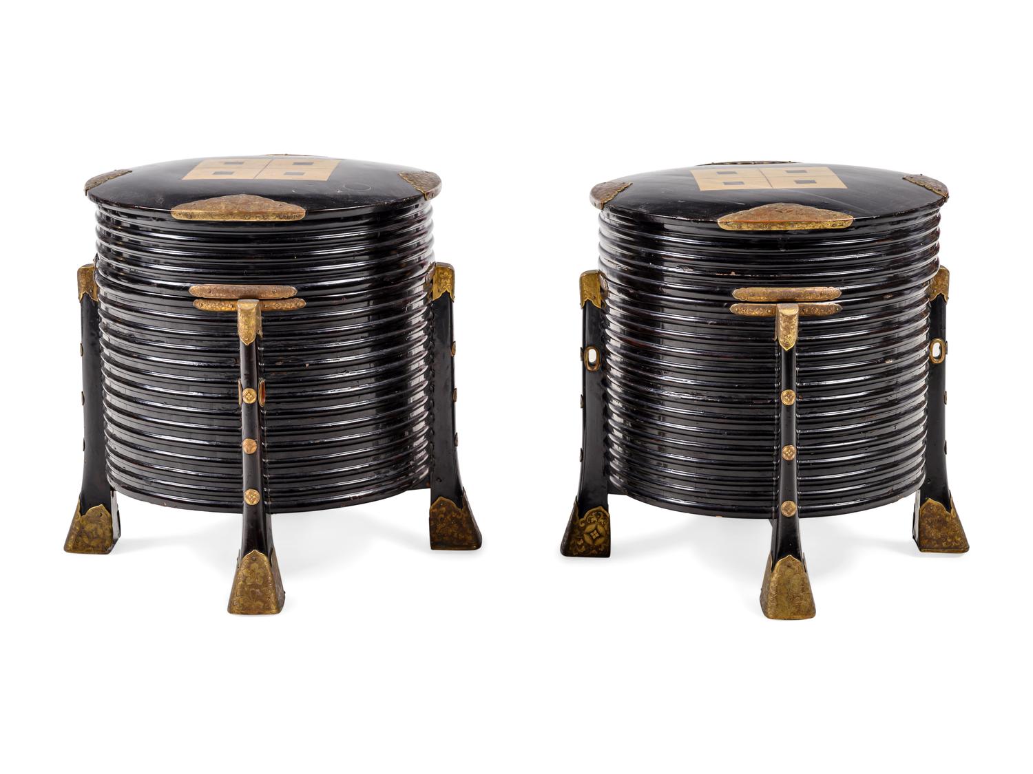 A Pair of Japanese Brass-Mounted Black Lacquer Boxes