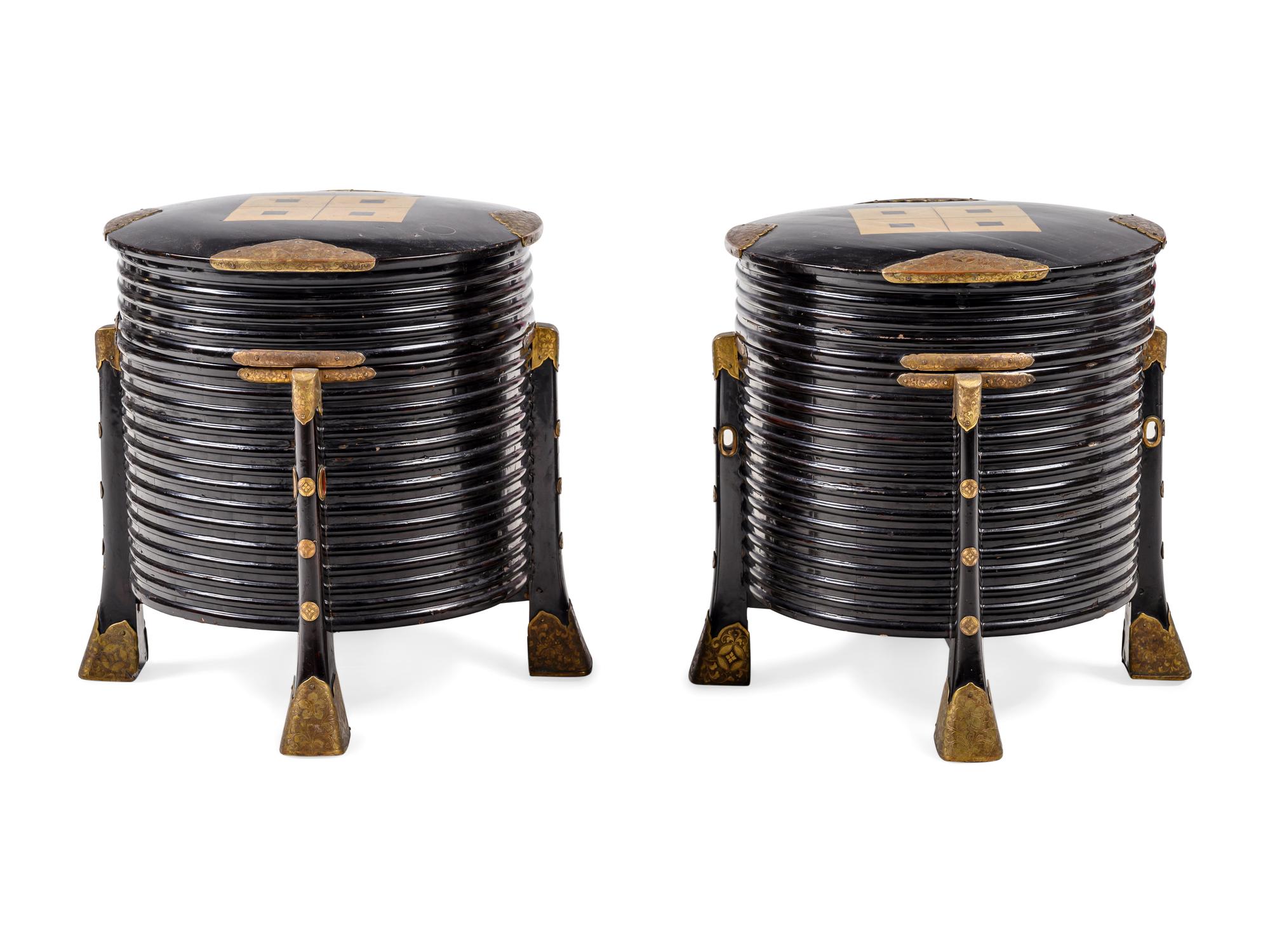 A Pair of Japanese Brass-Mounted Black Lacquer Boxes