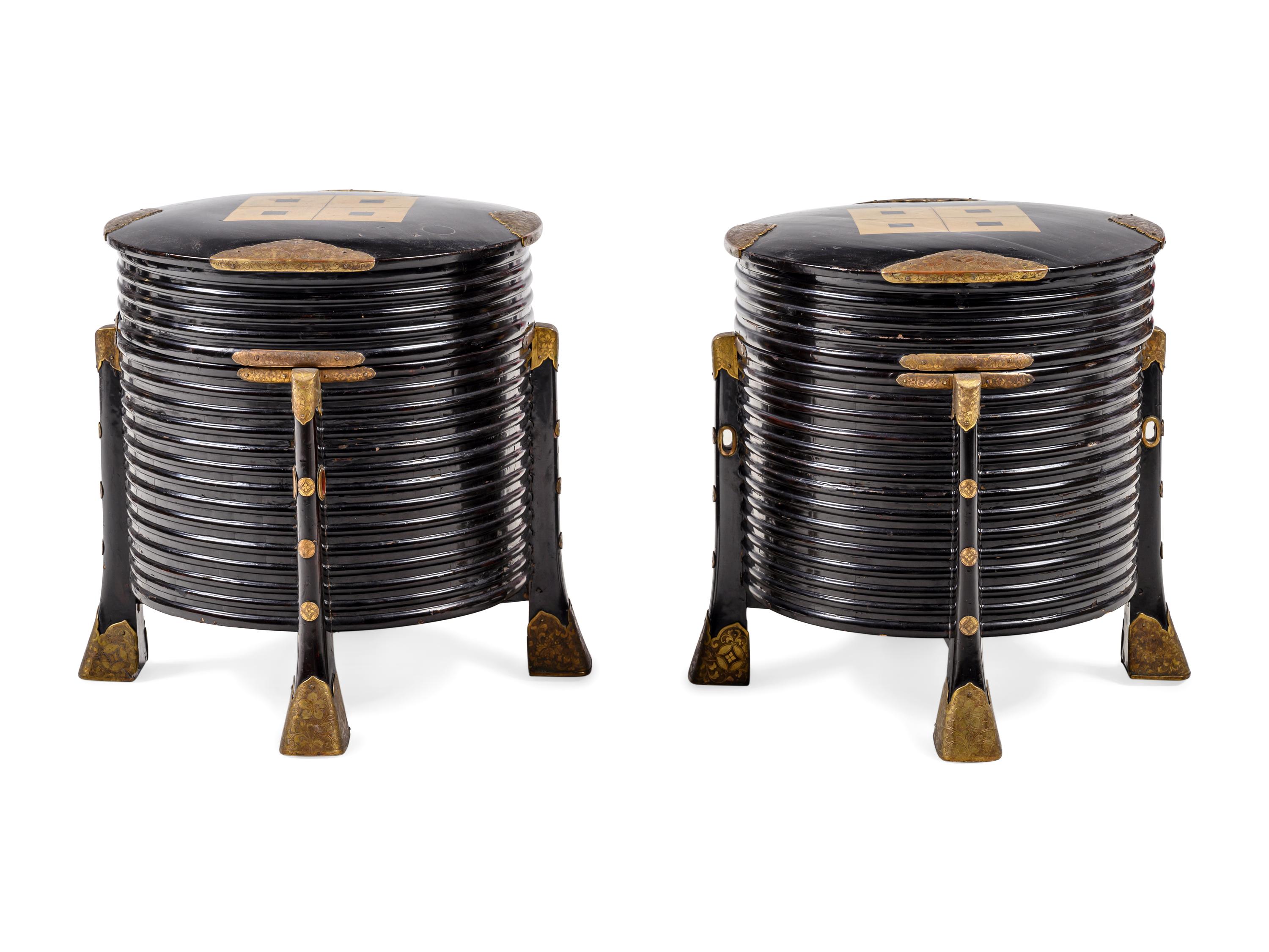A Pair of Japanese Brass-Mounted Black Lacquer Boxes