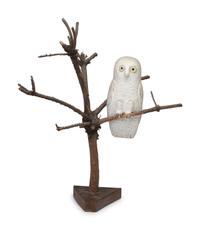 A Folk Art Carving of a Snowy Owl Perched in Tree