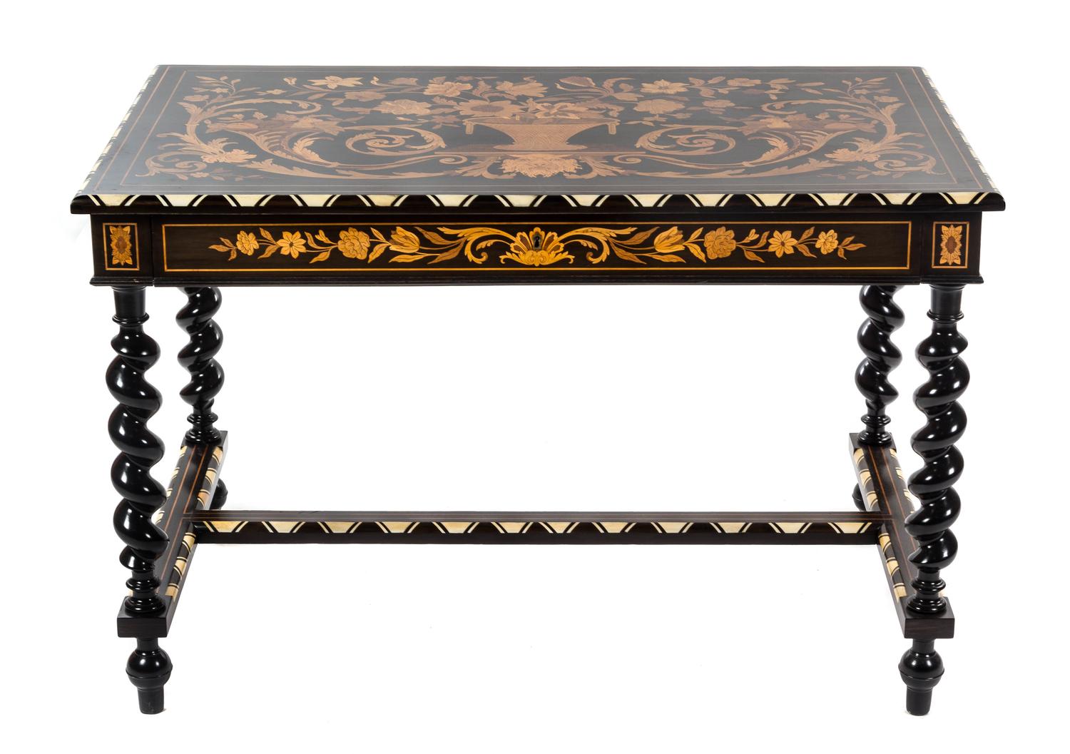 A Franco Dutch Marquetry Table, Height 29 1/2 x width 46 1/2 x depth 28 1/2 inches.