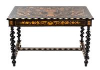 A Franco Dutch Marquetry Table, Height 29 1/2 x width 46 1/2 x depth 28 1/2 inches.