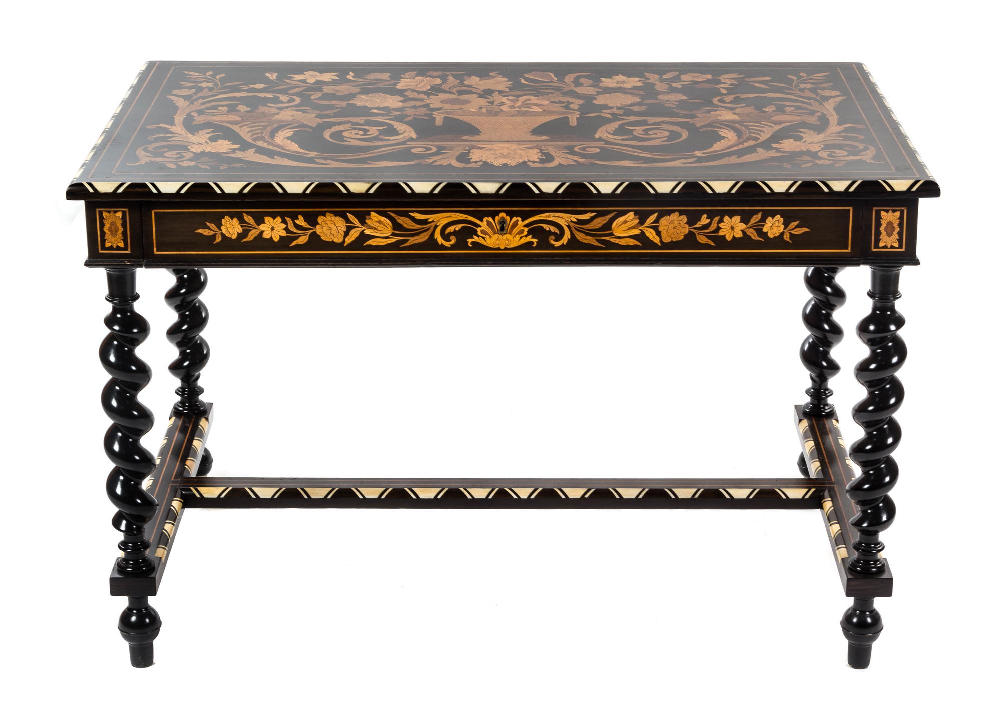 A Franco Dutch Marquetry Table, Height 29 1/2 x width 46 1/2 x depth 28 1/2 inches.