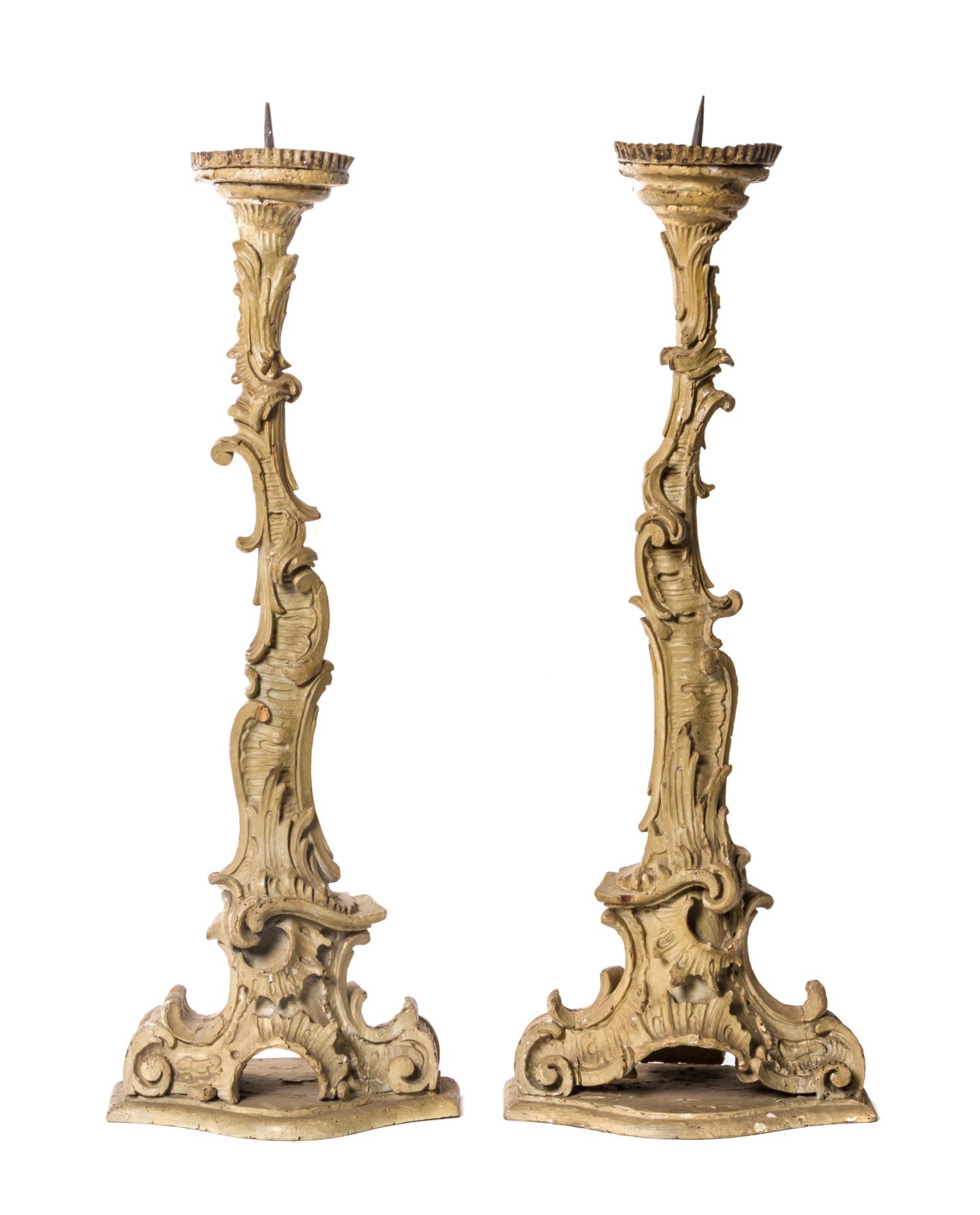 A Pair of Swedish Rococo Painted Pricket Sticks, Height 28 inches.