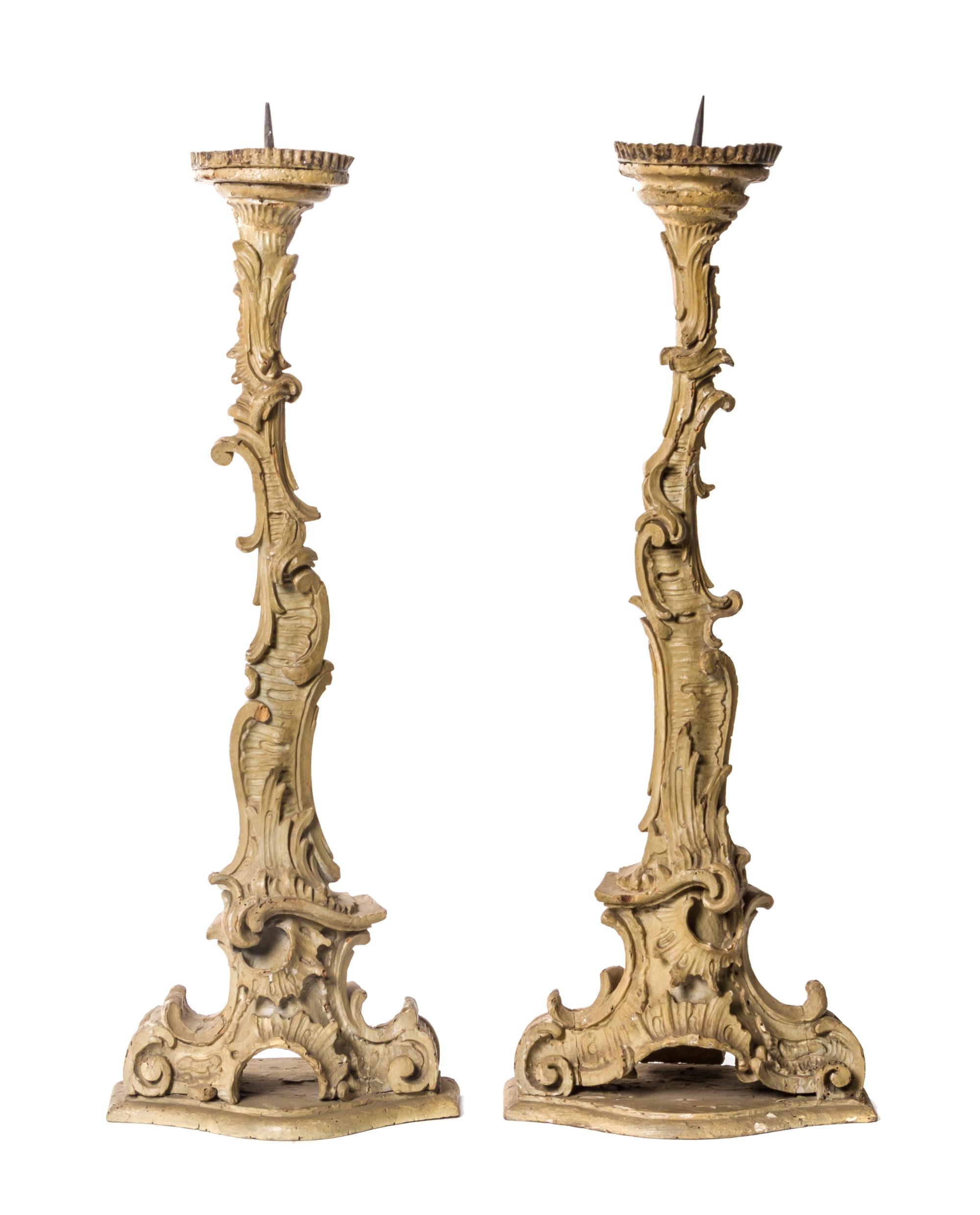 A Pair of Swedish Rococo Painted Pricket Sticks, Height 28 inches.