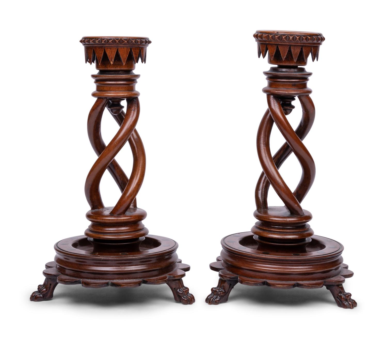 A Pair of Victorian Carved Walnut Candlesticks