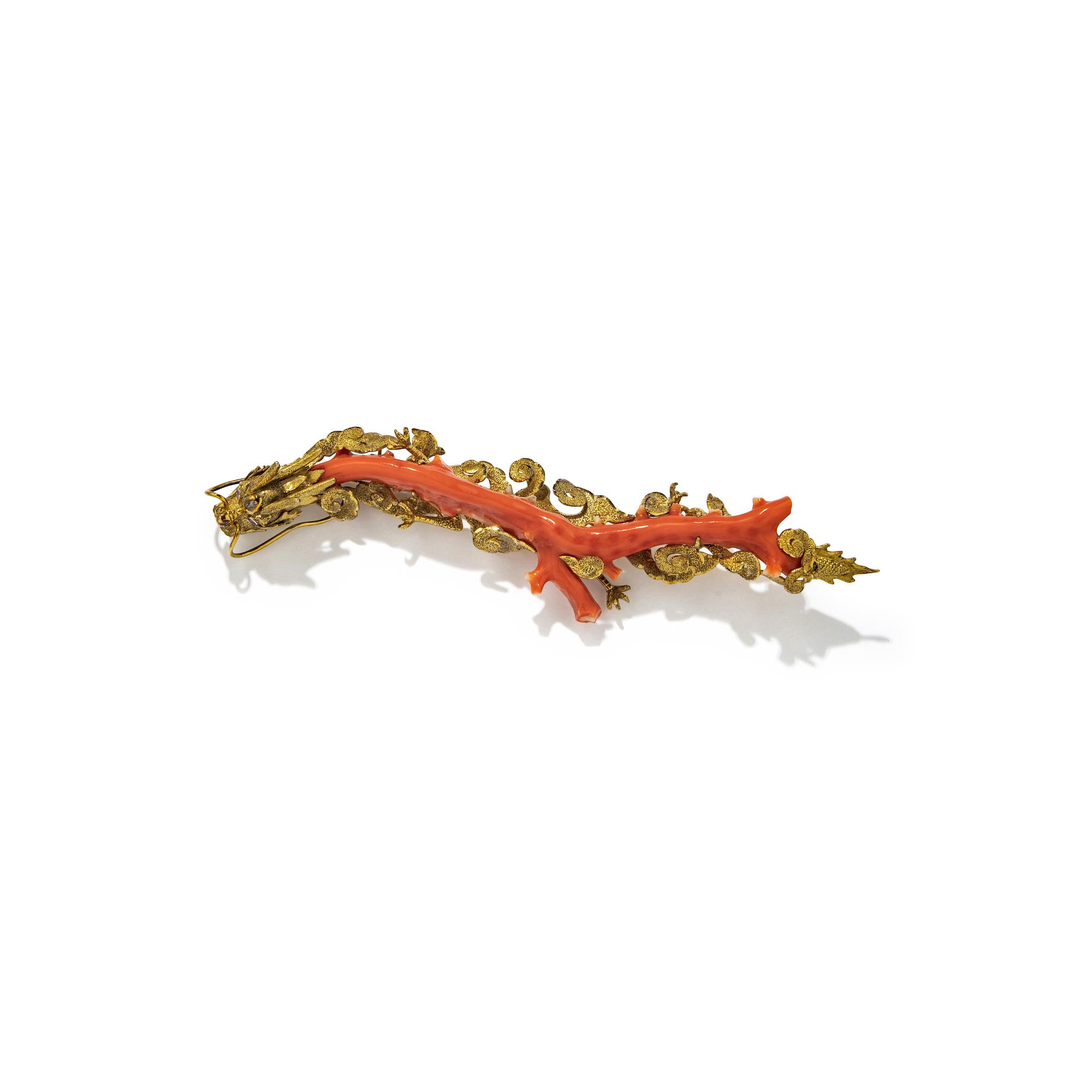 CORAL BRANCH AND YELLOW GOLD DRAGON BROOCH