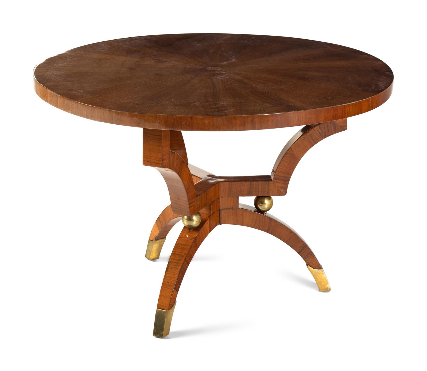 A Continental Brass Mounted Radially-Veneered Center Table