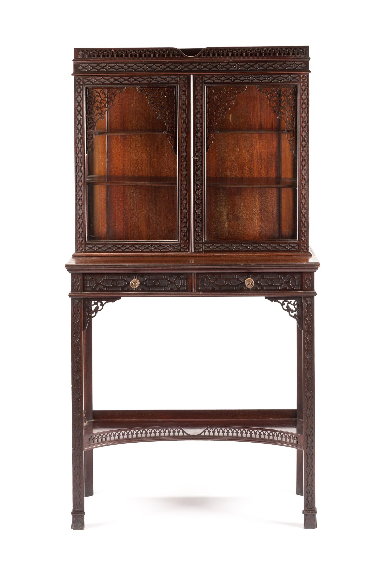 A Chinese Chippendale Style Mahogany Vitrine on Stand Height 56 3/4 x width 30 x depth 14 3/4 inches. — LATE 19TH/EARLY 20TH CENTURY