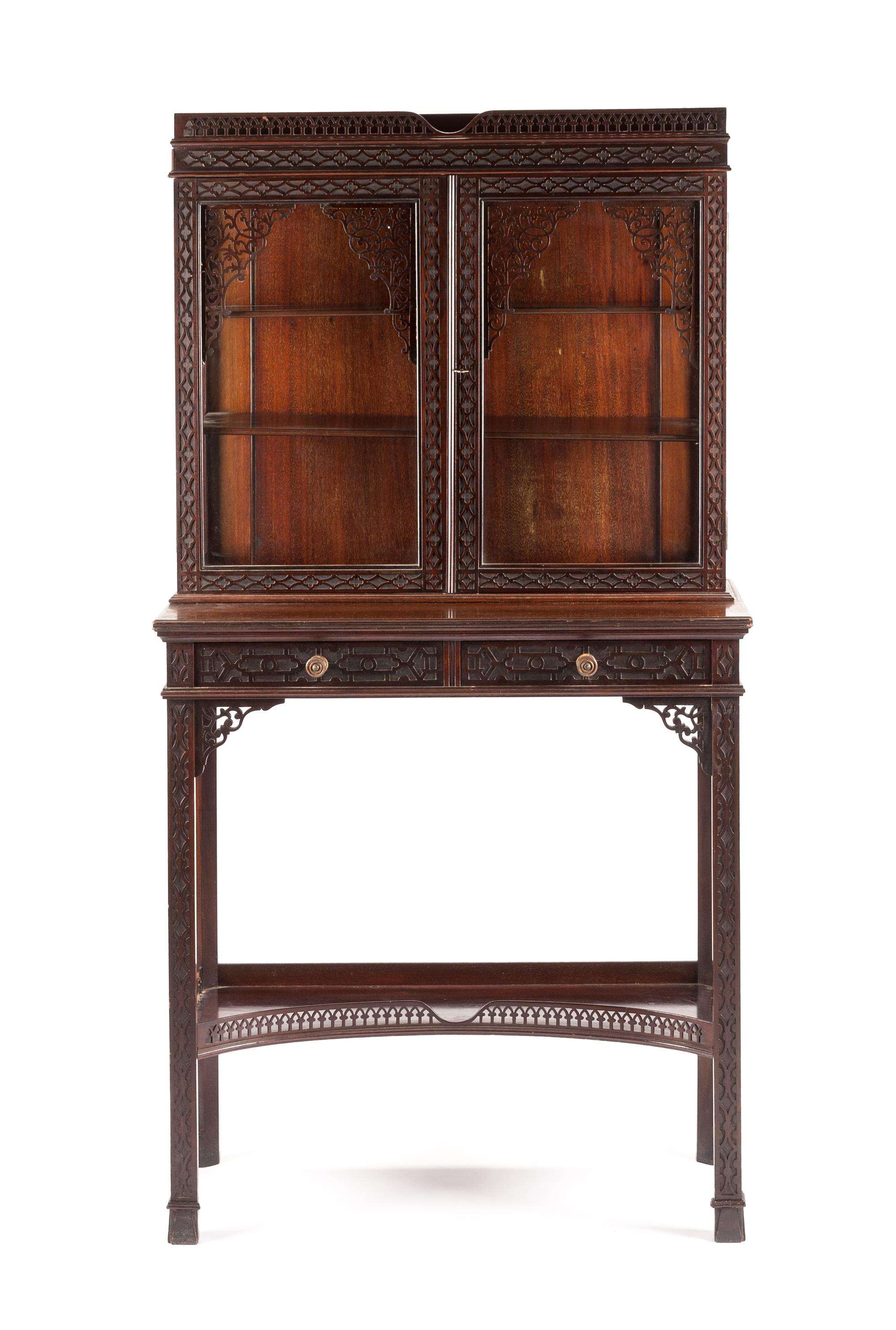 A Chinese Chippendale Style Mahogany Vitrine on Stand Height 56 3/4 x width 30 x depth 14 3/4 inches. — LATE 19TH/EARLY 20TH CENTURY