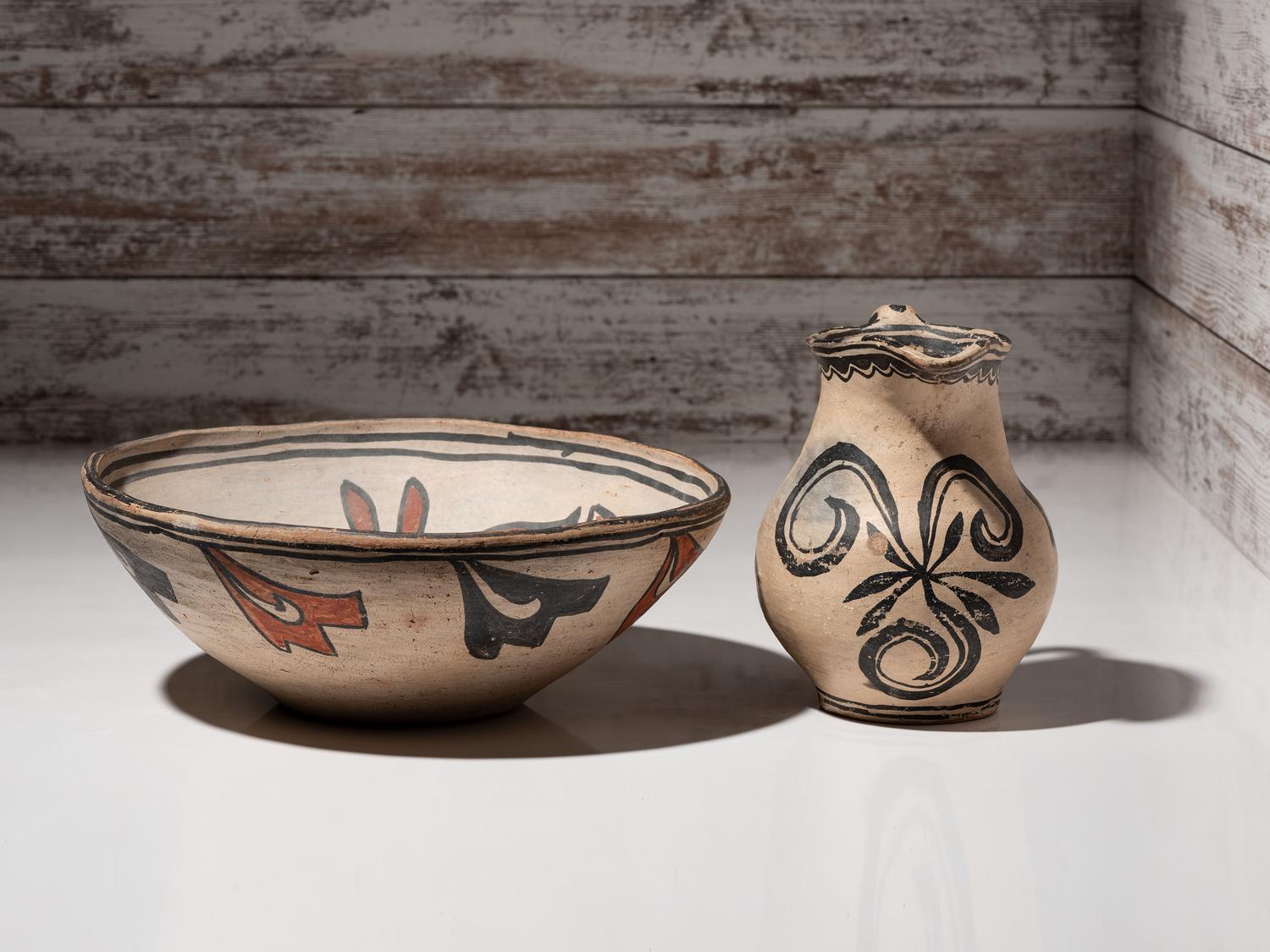 Cochiti Figural Pottery Pitcher and San Ildefonso Polychrome Basin