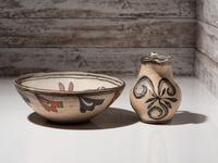 Cochiti Figural Pottery Pitcher and San Ildefonso Polychrome Basin