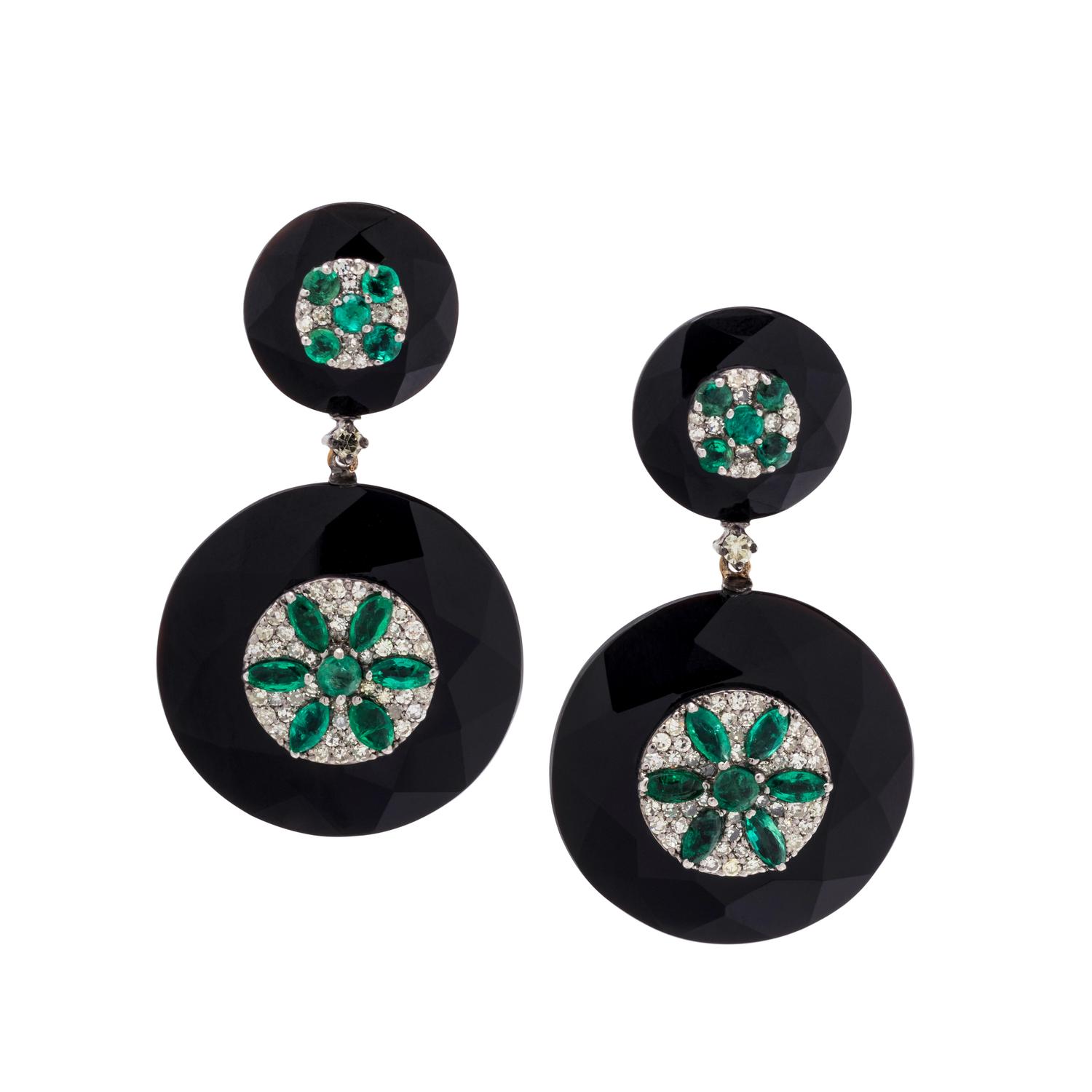 ONYX, EMERALD AND DIAMOND EARRINGS