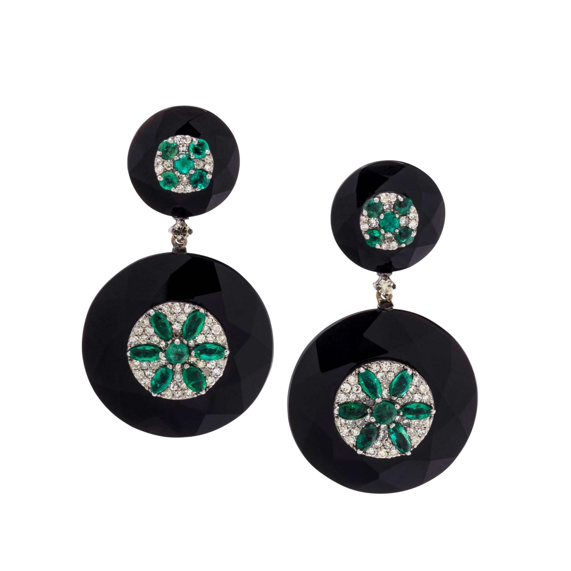 ONYX, EMERALD AND DIAMOND EARRINGS