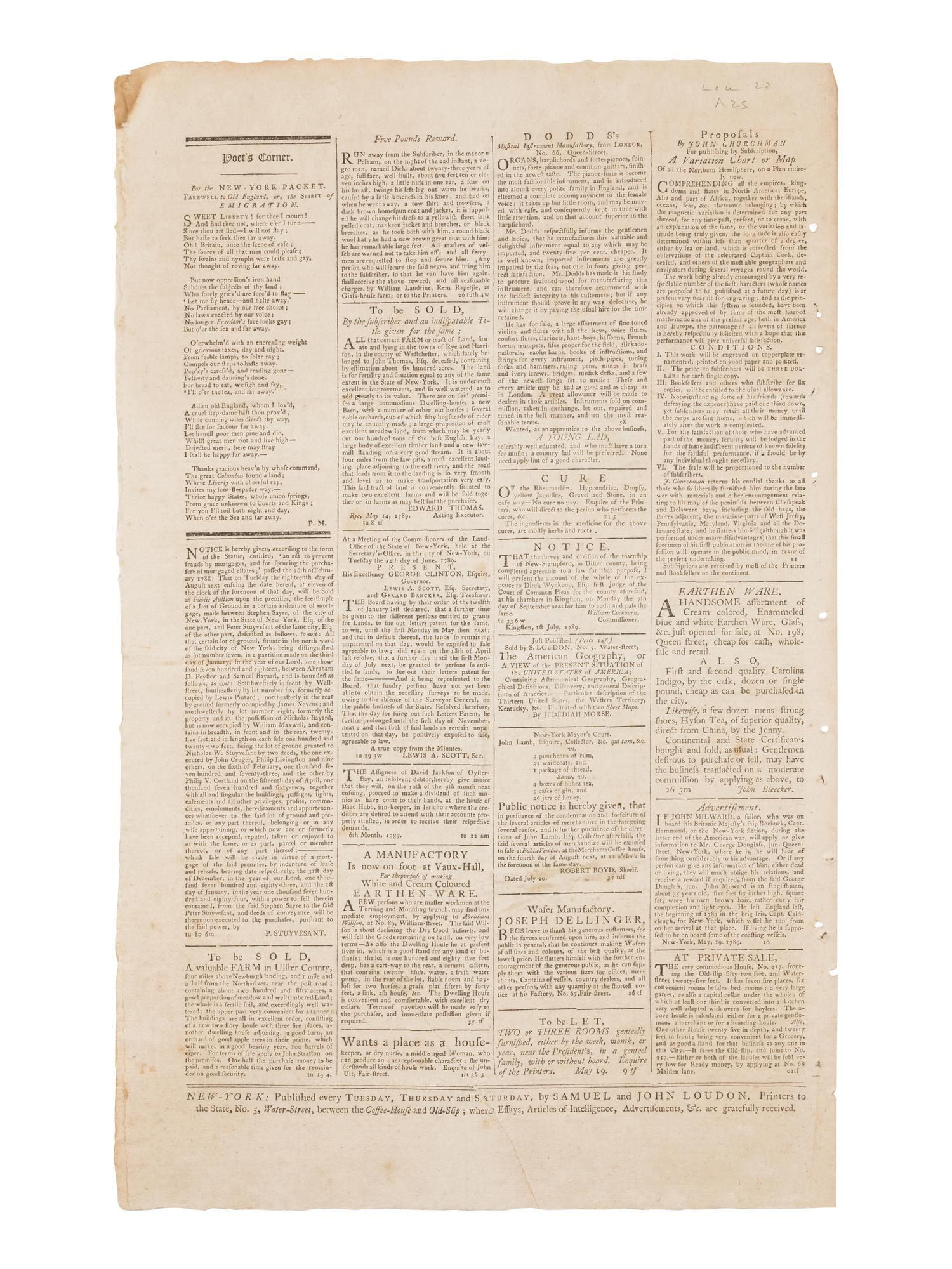 [NEWSPAPER - DEPARTMENT OF STATE]. The New York Packet. No. 942, Tuesday, August 4, 1789. New York: Samuel & John Loudon, 1789.