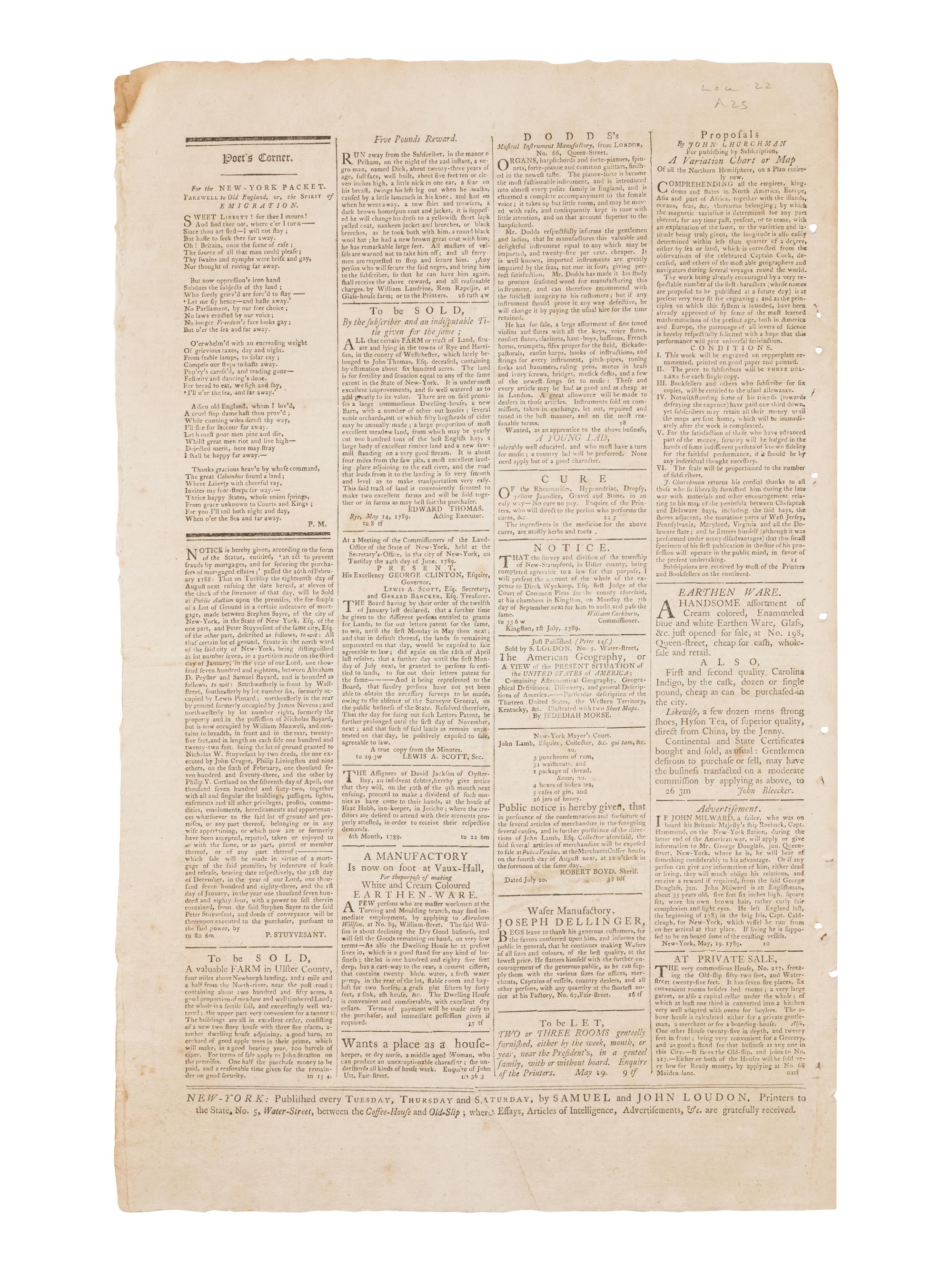 [NEWSPAPER - DEPARTMENT OF STATE]. The New York Packet. No. 942, Tuesday, August 4, 1789. New York: Samuel & John Loudon, 1789.