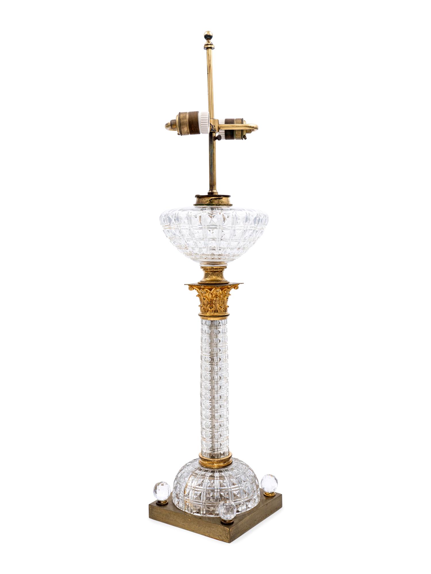 An English Gilt Metal Mounted Cut Glass Fluid Lamp Converted to Electricity