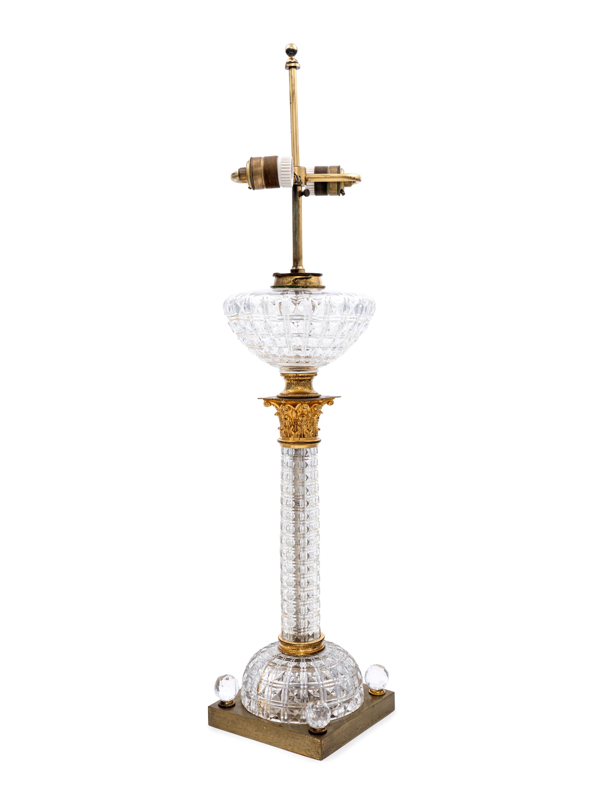 An English Gilt Metal Mounted Cut Glass Fluid Lamp Converted to Electricity