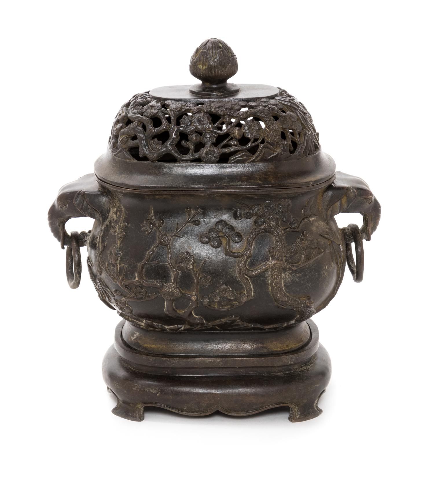 A Chinese Bronze Elephant Handled Censer Height 20 inches. — 20TH CENTURY