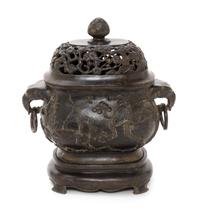 A Chinese Bronze Elephant Handled Censer Height 20 inches. — 20TH CENTURY