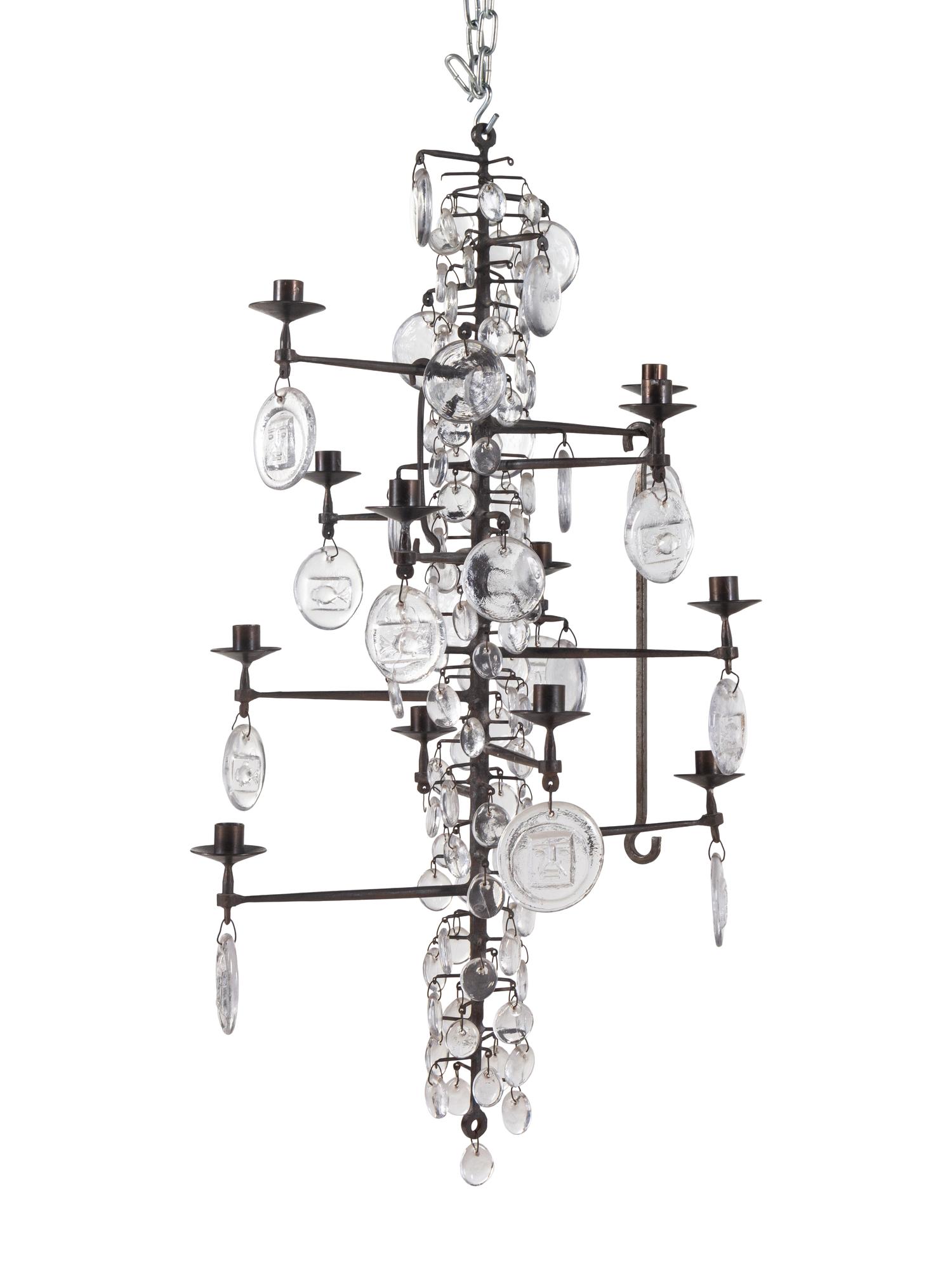 A Swedish Wrought Iron and Molded Glass Twelve-Light Chandelier