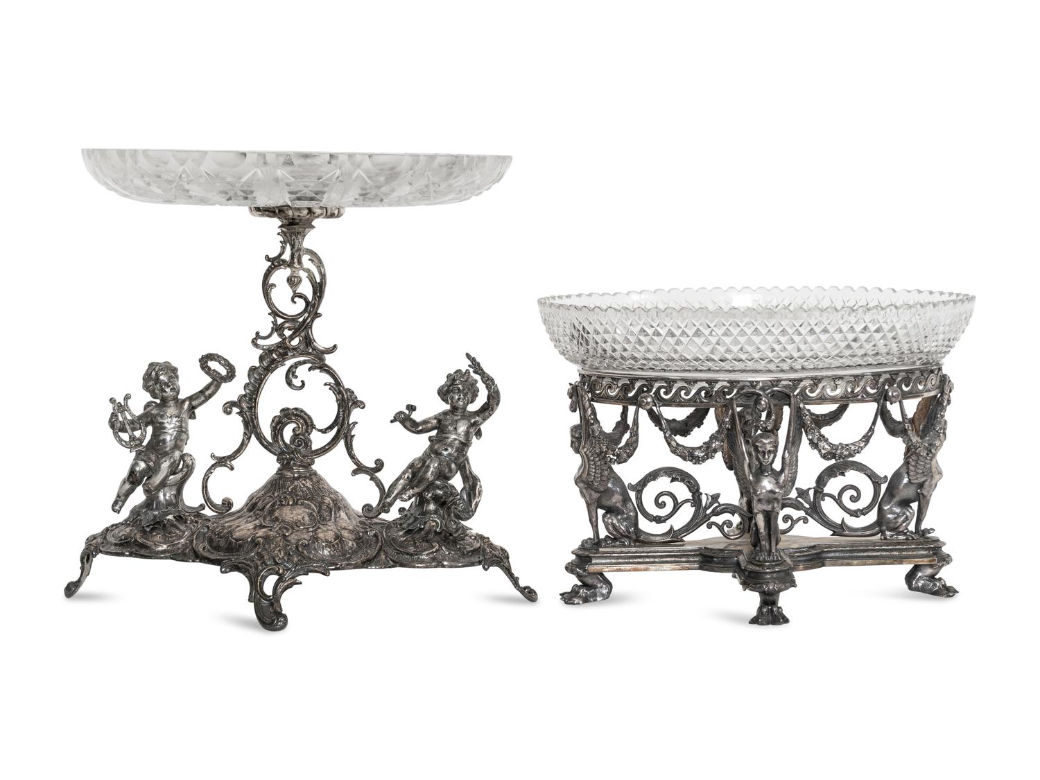An Associated Set of Two Victorian Silver Plate and Cut Glass Center Bowls