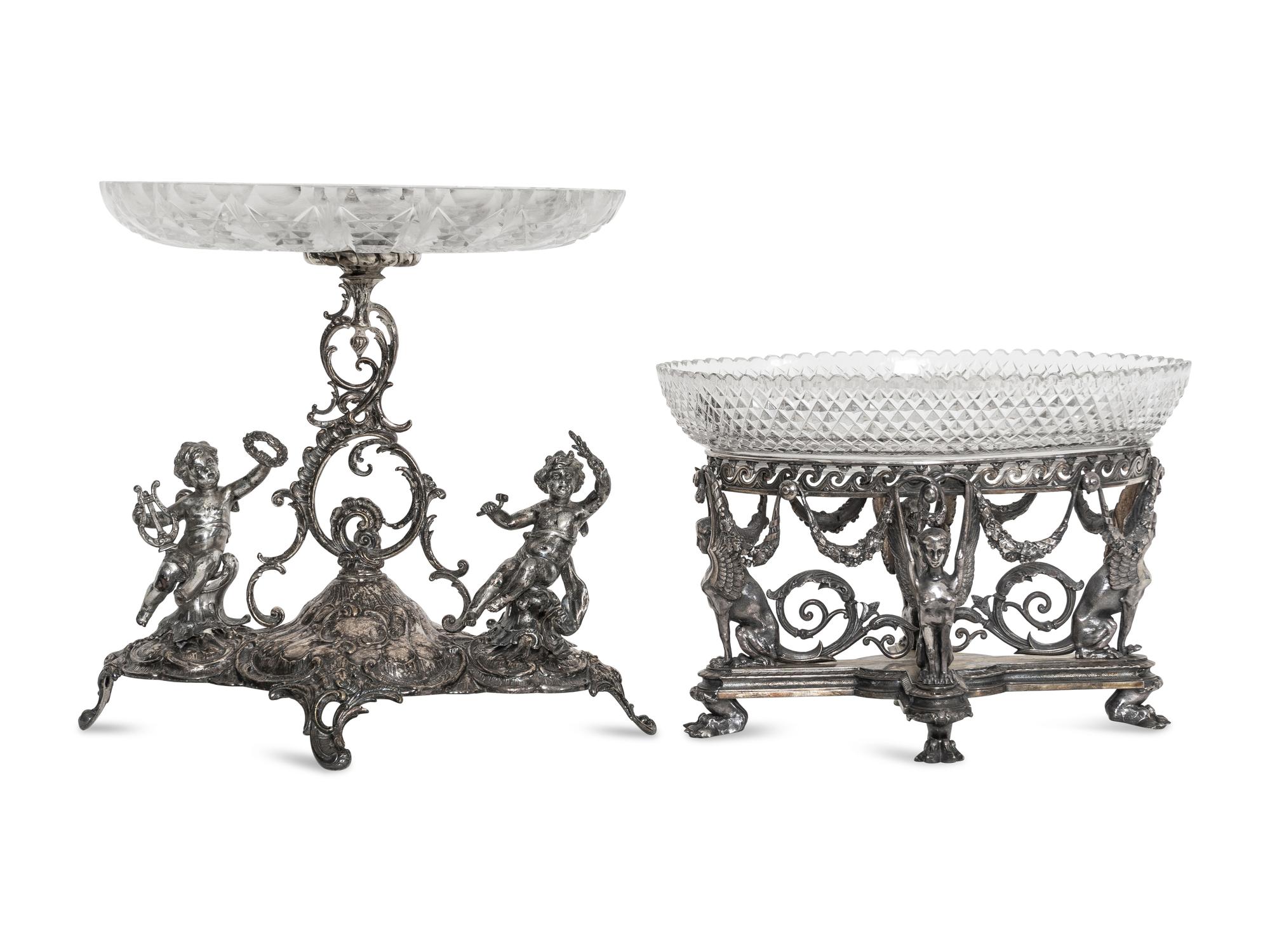 An Associated Set of Two Victorian Silver Plate and Cut Glass Center Bowls