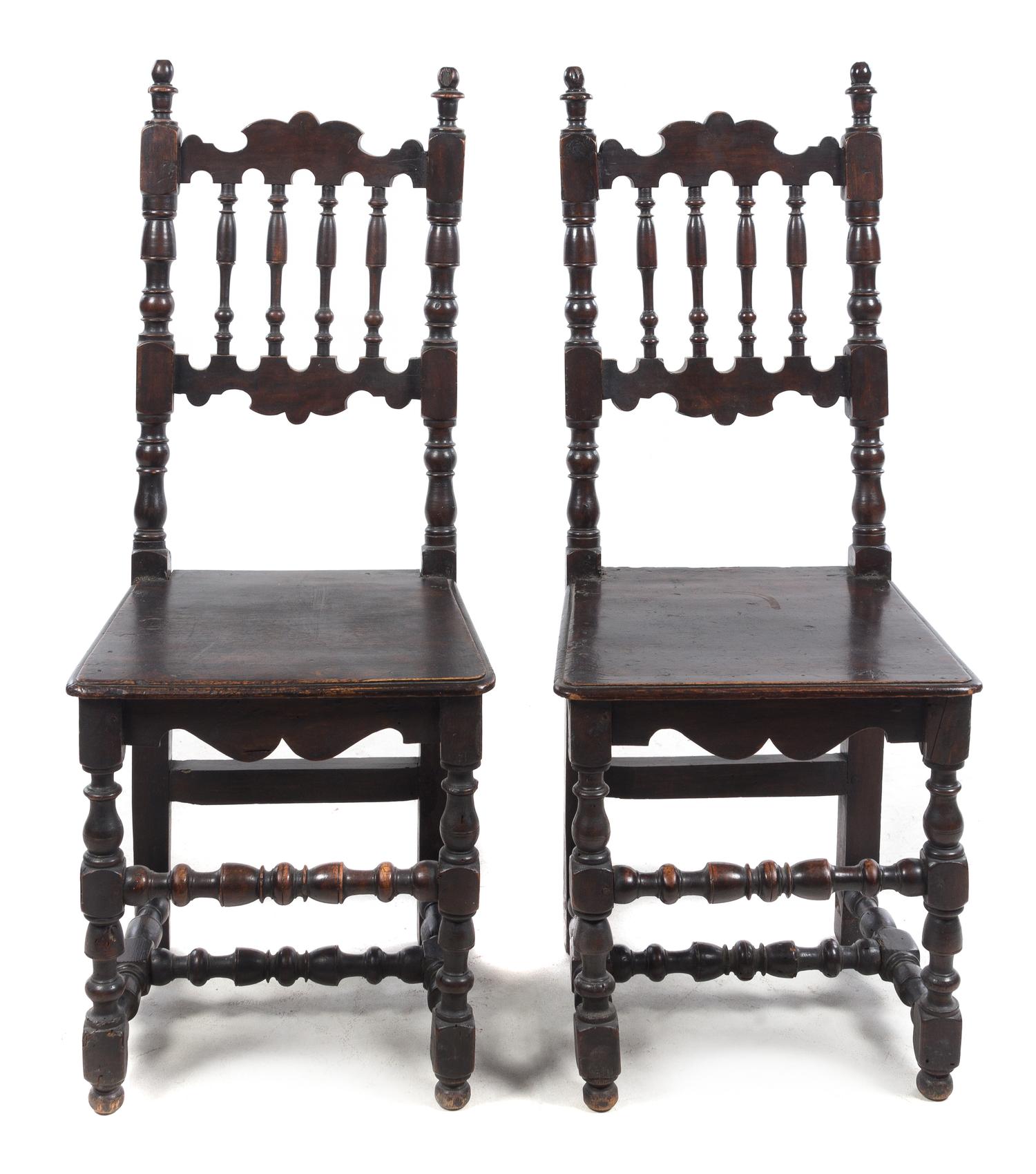 A Pair of Jacobean Style Carved Oak Side Chairs — 19TH CENTURY