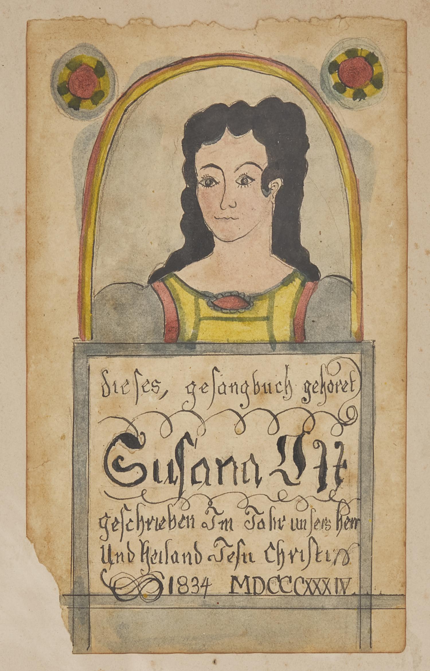American School 19th Century, A Fraktur Bookplate for Susana Ott's Hymnbook
