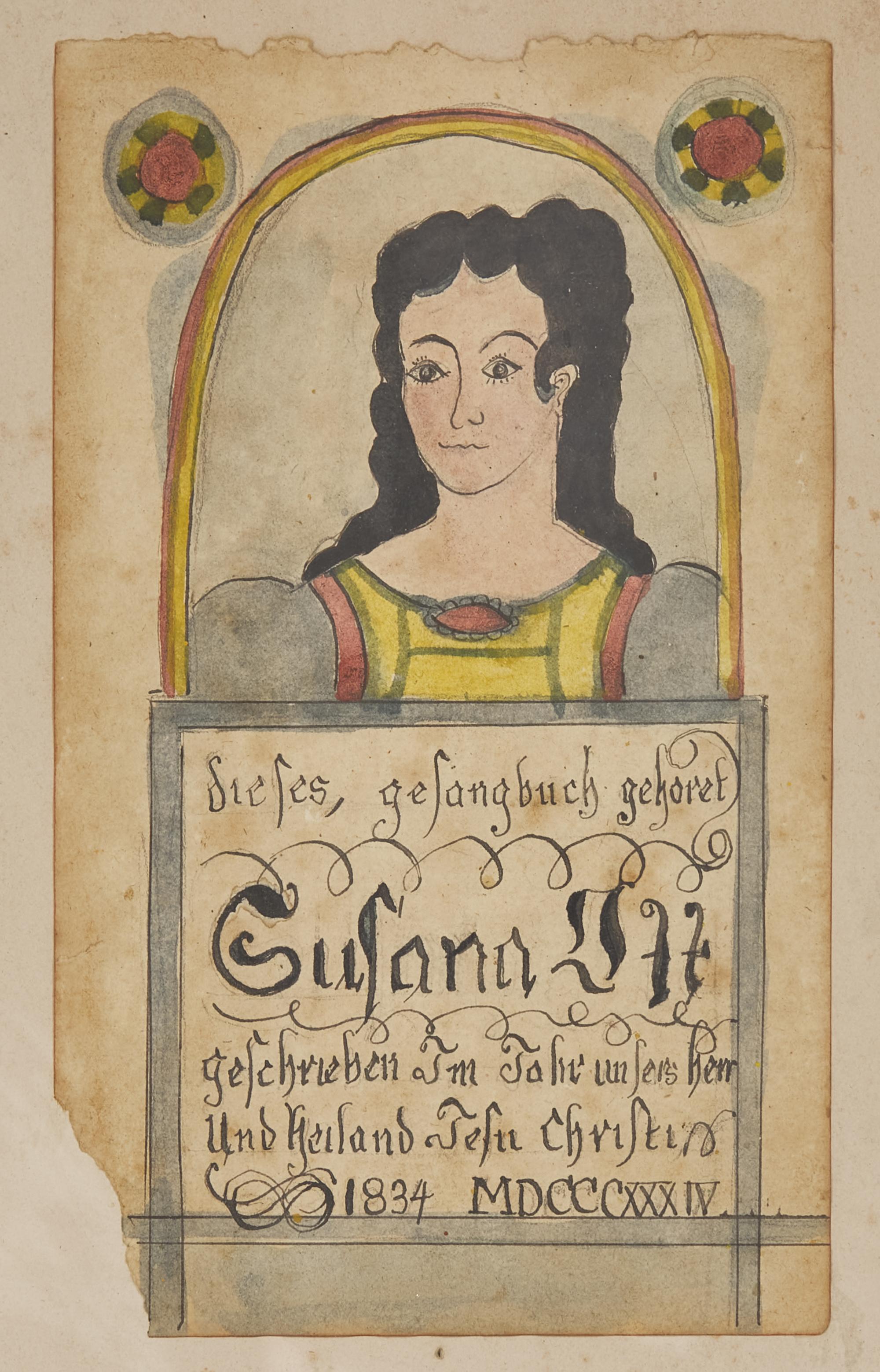 American School 19th Century, A Fraktur Bookplate for Susana Ott's Hymnbook