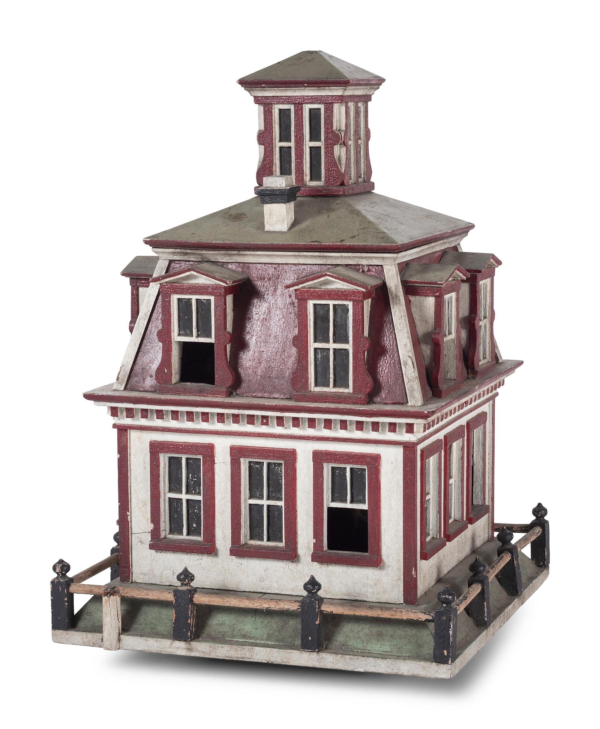 A Folk Art Painted Birdcage in the Form of a House