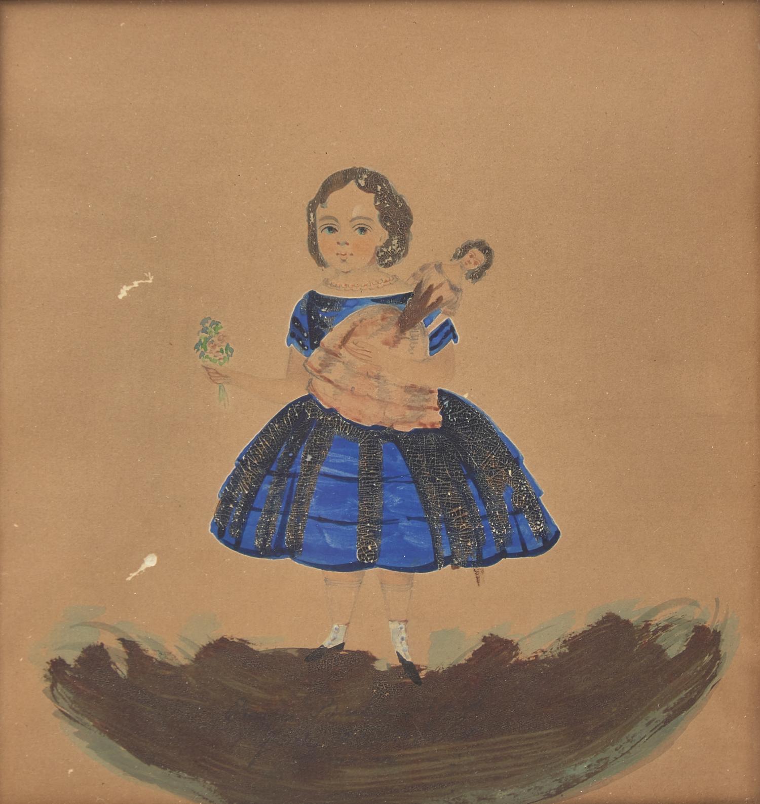Anglo-American School 19th Century, A Small Watercolor Portrait of Emily Bailey with her Doll
