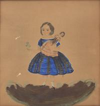 Anglo-American School 19th Century, A Small Watercolor Portrait of Emily Bailey with her Doll