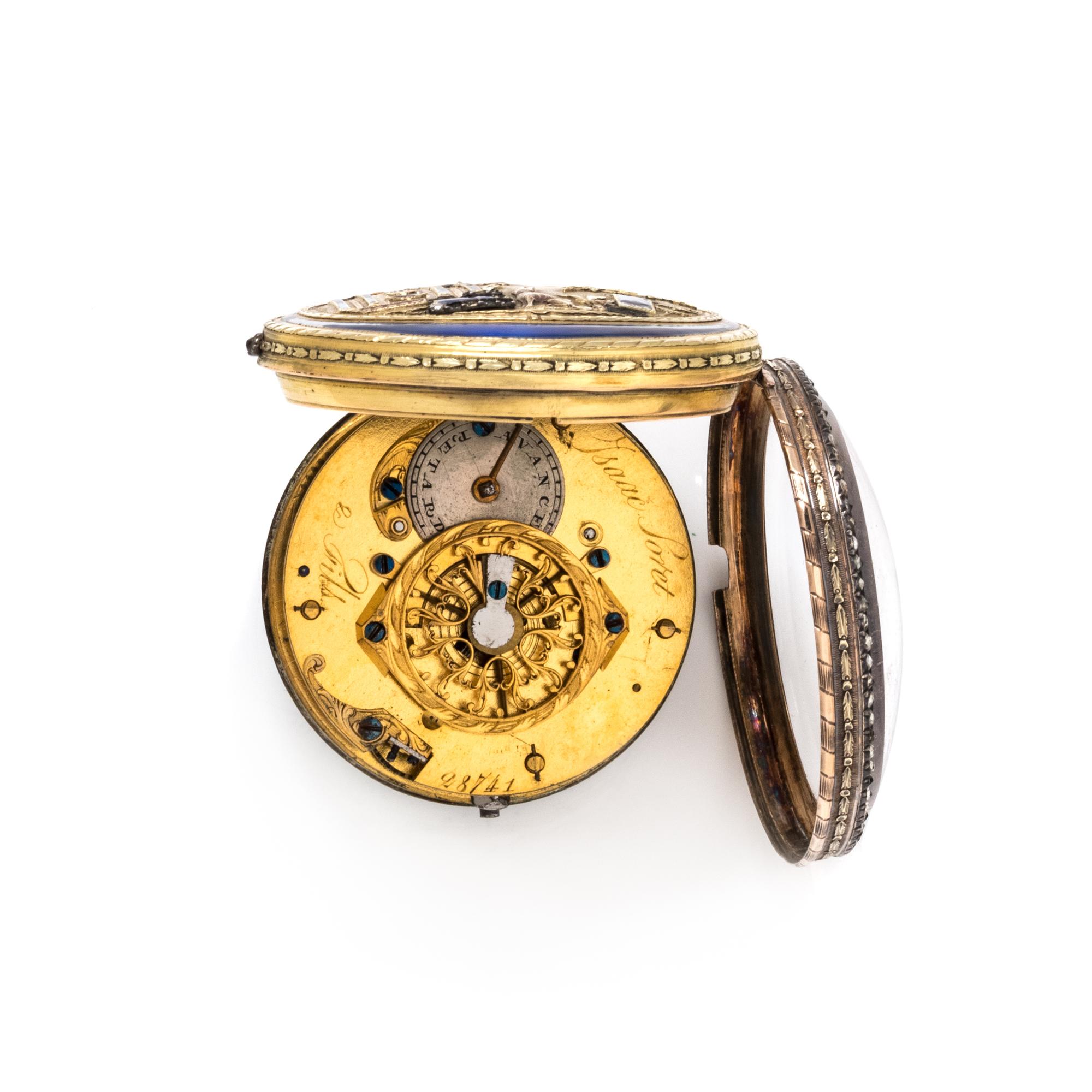 ISAAC SORET & FILS, GILT-METAL, ENAMEL AND PASTE OPEN FACE POCKET WATCH