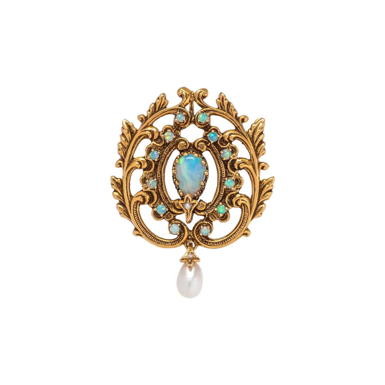 YELLOW GOLD, OPAL AND CULTURED PEARL PENDANT/BROOCH