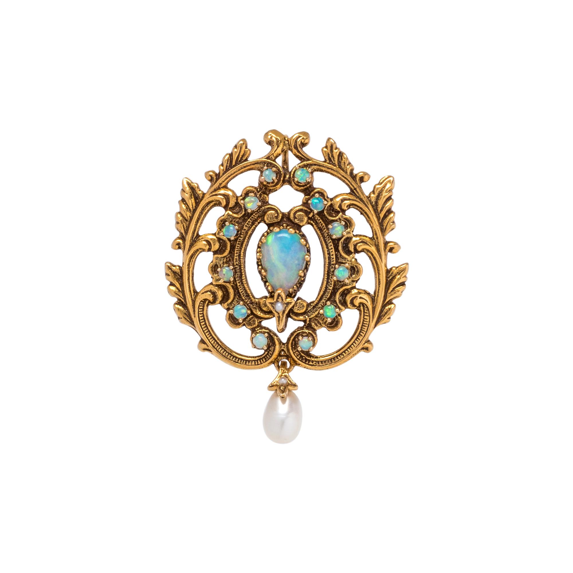 YELLOW GOLD, OPAL AND CULTURED PEARL PENDANT/BROOCH
