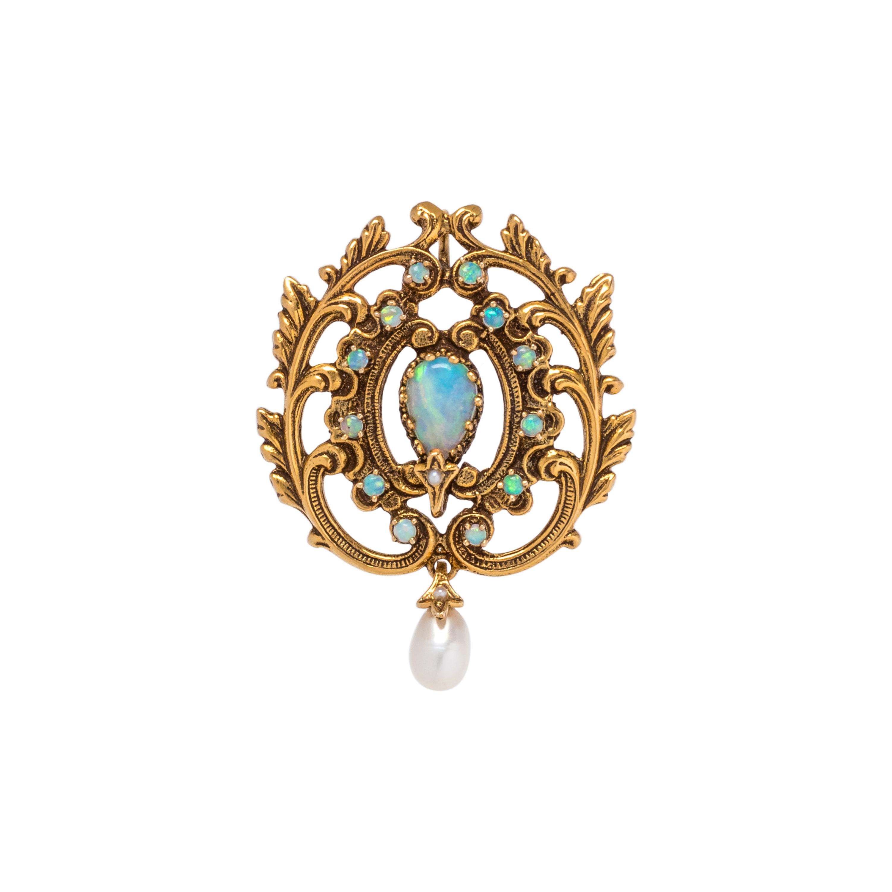 YELLOW GOLD, OPAL AND CULTURED PEARL PENDANT/BROOCH